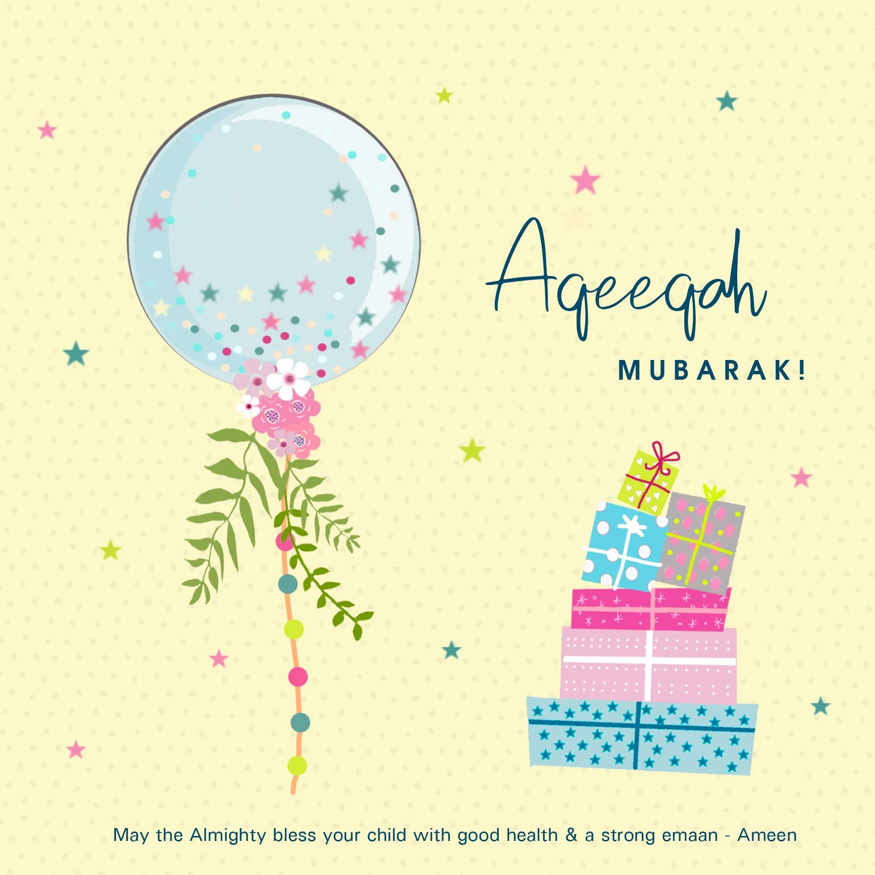 Aqeeqah Card - Lemon - Balloon & Presents