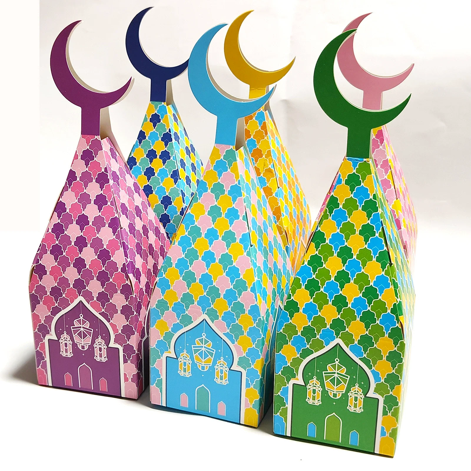 Colorful Ramadan Mubarak Candy Boxes with Crescent Toppers