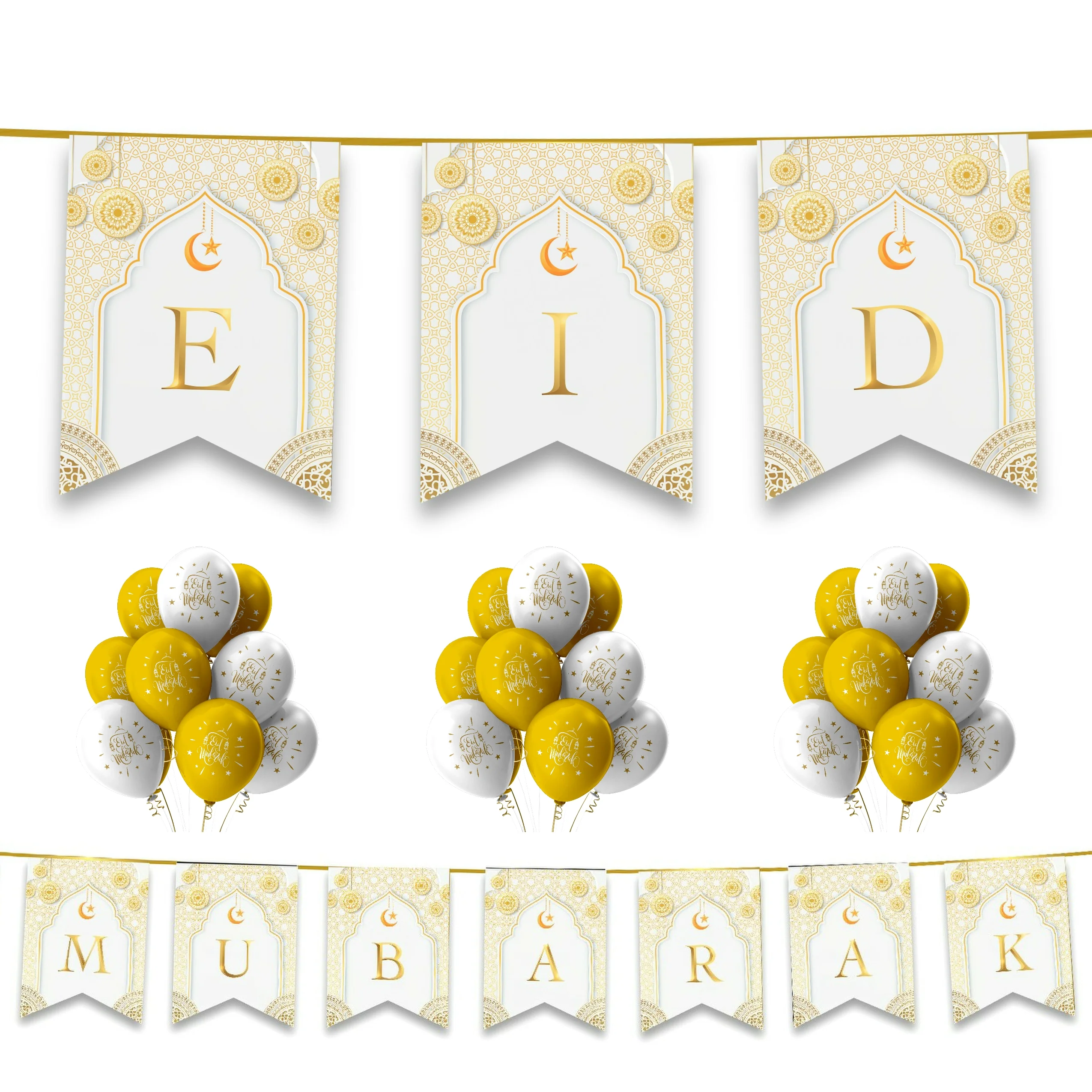 EID Mubarak 20 pc Decoration Set - White & Gold Geometric Arabesque