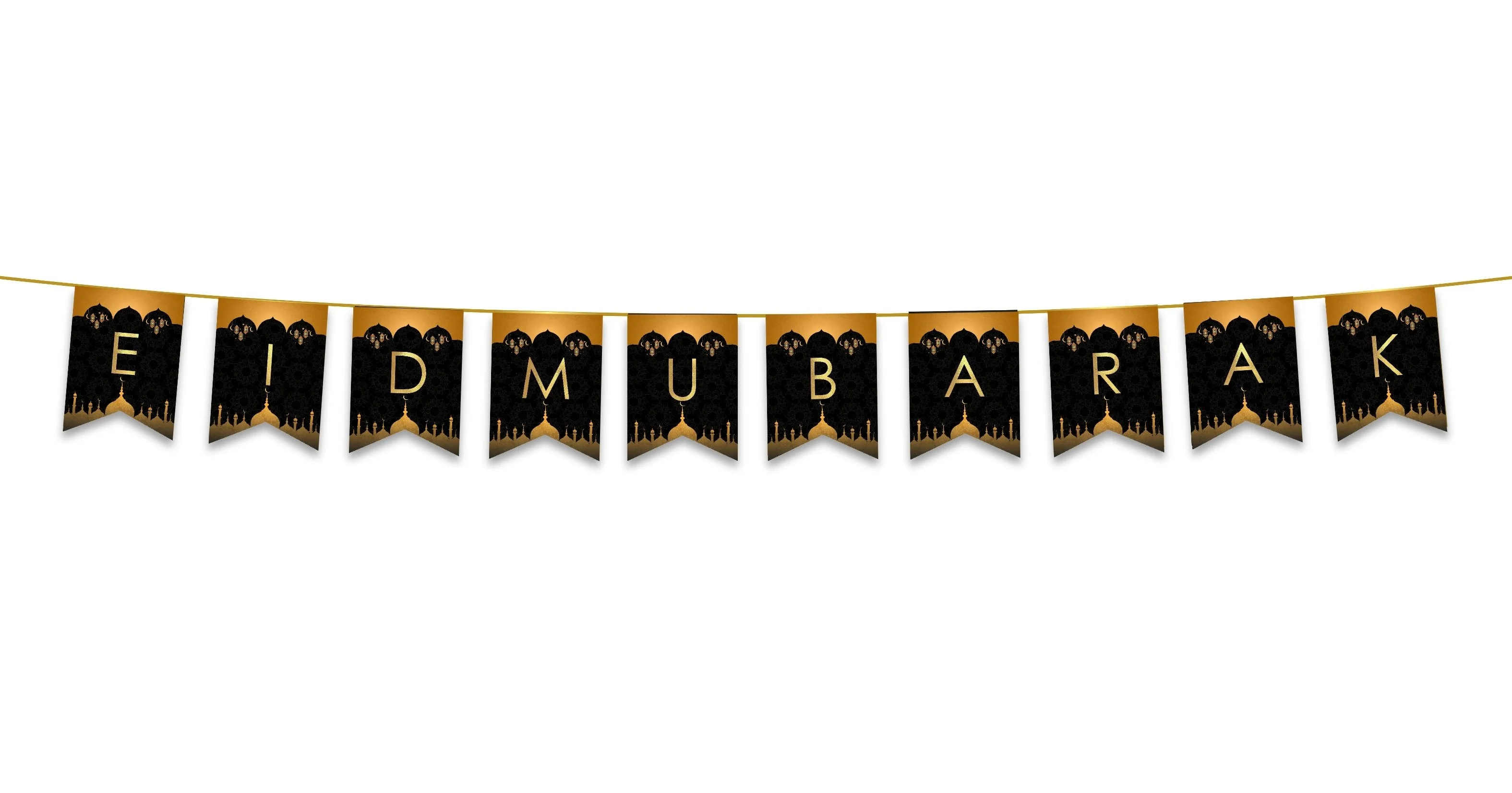 Eid Mubarak Bunting - Black & Gold Domes & Lanterns Letter Flags Decoration - Image 2