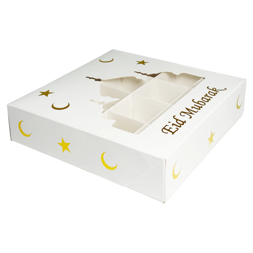 Eid Mubarak 12 Compartment Cupcake Box - White / Gold Stars - Image 3