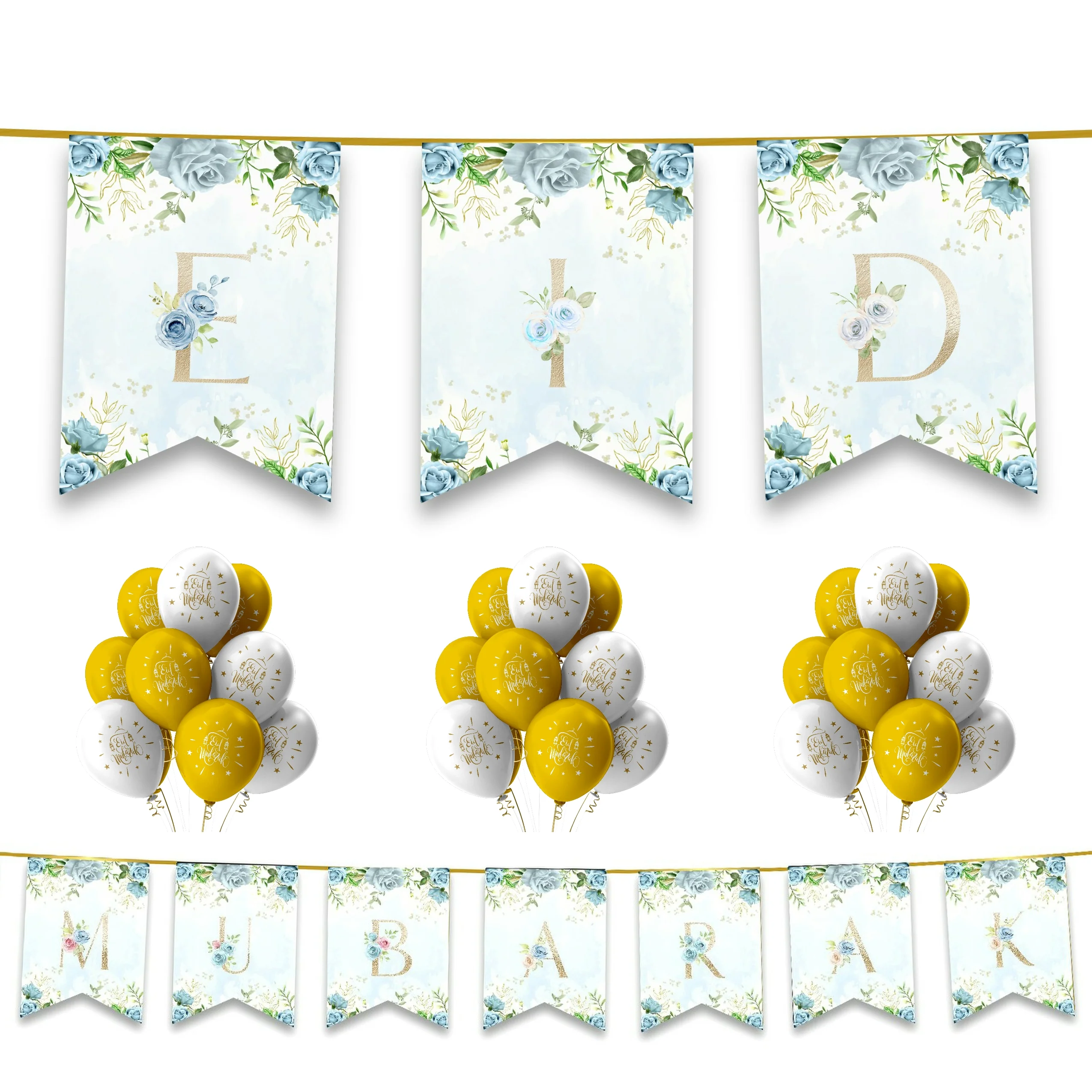 EID Mubarak 20 pc Decoration Set - Blue & Gold Floral