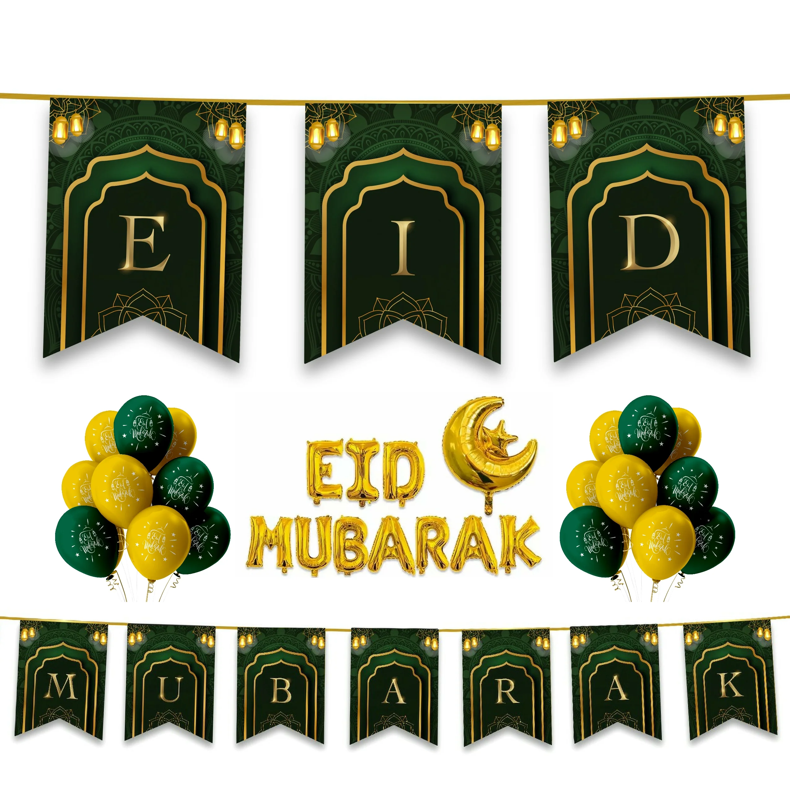 EID Mubarak 31 pc Decoration Set - Green & Gold Lanterns