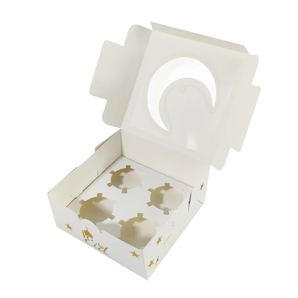 Eid Mubarak 4 Compartment Cupcake Box - White with Gold Stars - Image 4