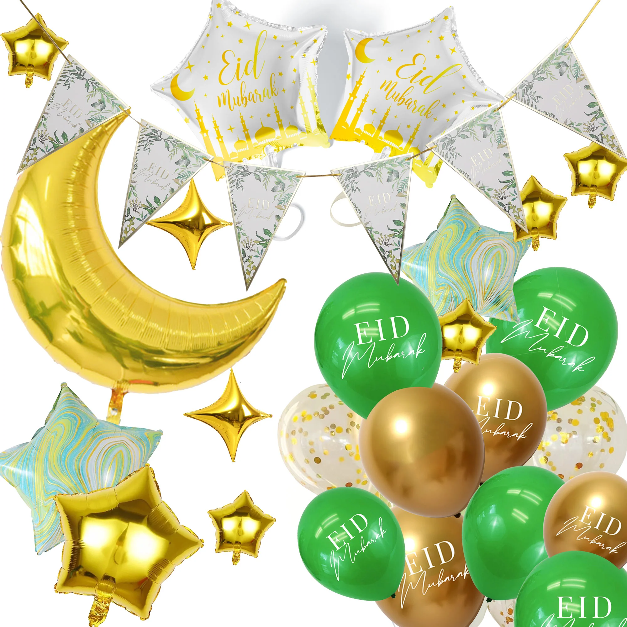 Eid Mubarak 77 pcs Decoration Set - Green & Gold