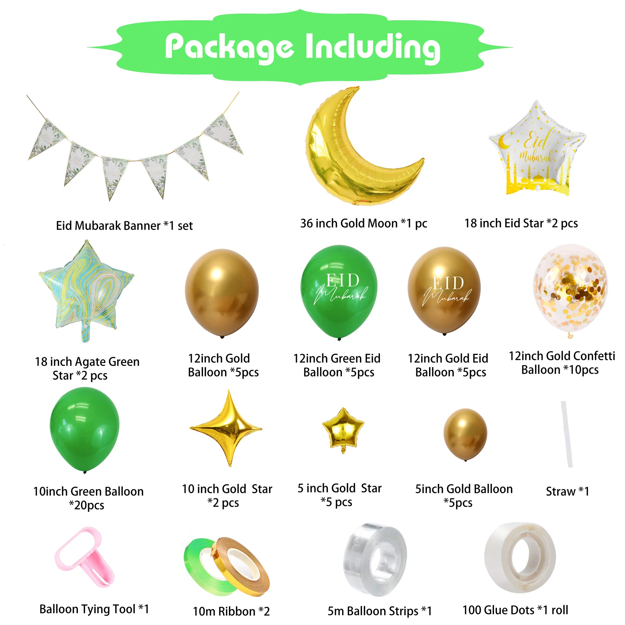 Eid Mubarak 77 pcs Decoration Set - Green & Gold - Image 2