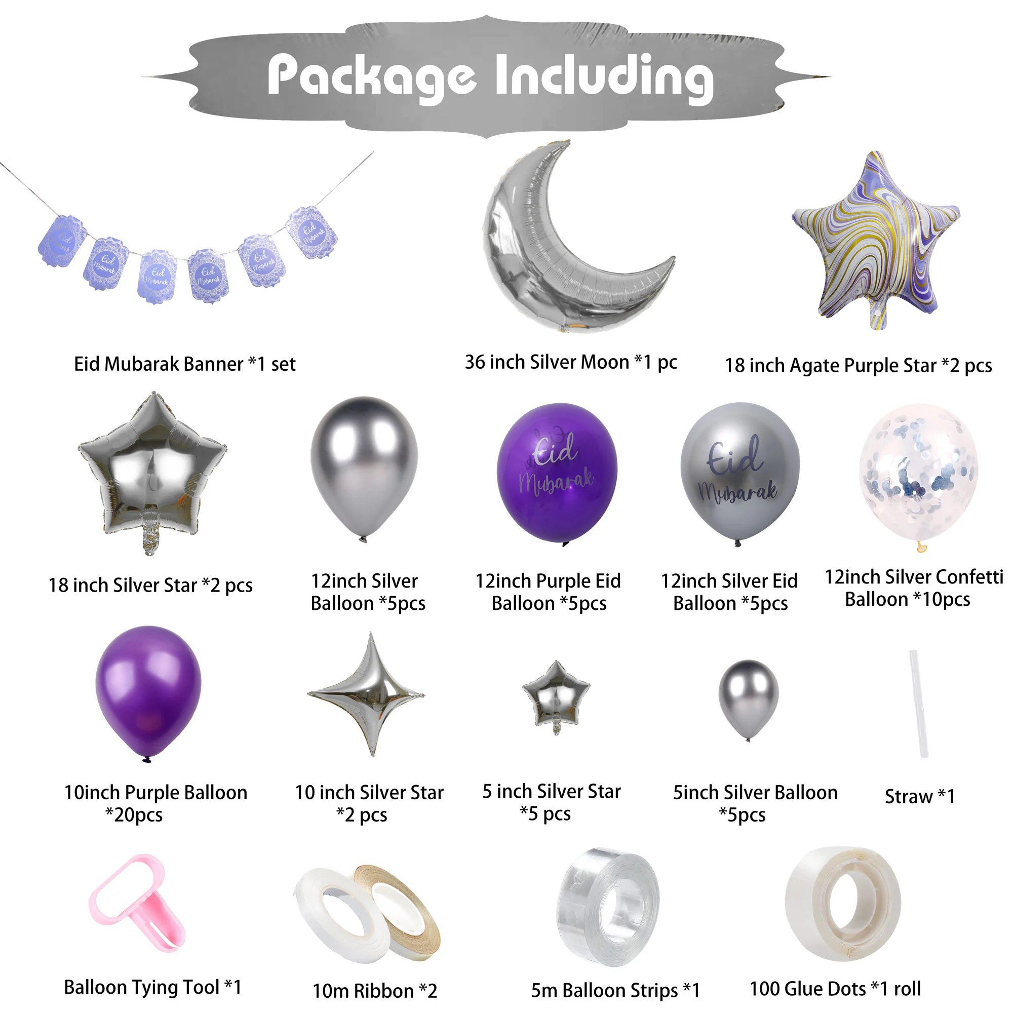 Eid Mubarak 77 pcs Decoration Set - Purple, Blue & Silver - Image 2