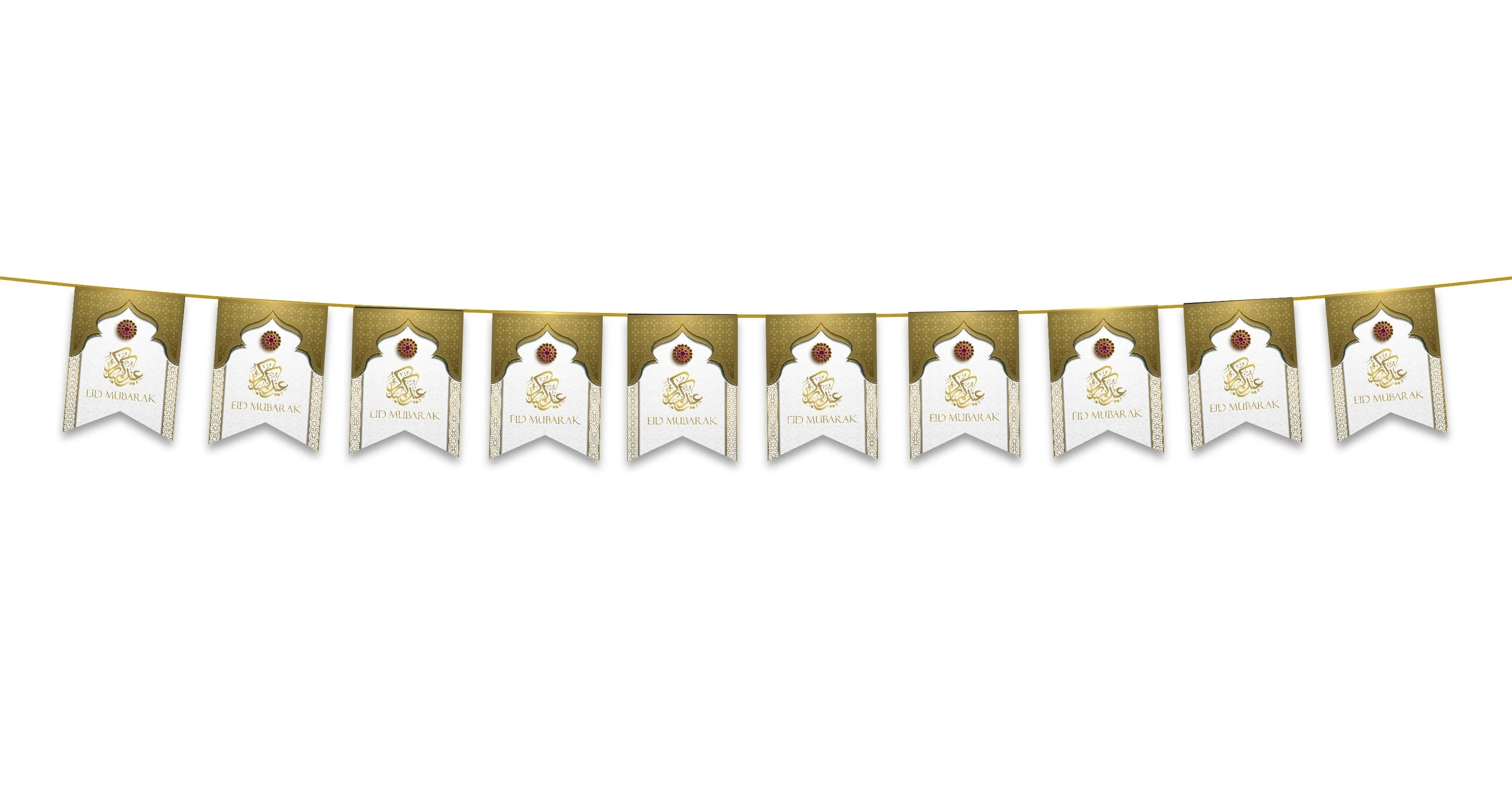 Eid Mubarak Bunting - White & Gold Arabic Calligraphy Flags Decoration - Image 2