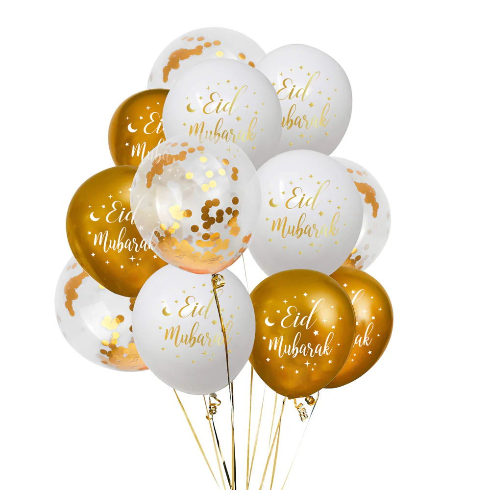 Eid Mubarak Balloons - Moon & Star - White, Clear & Gold Confetti - Image 2