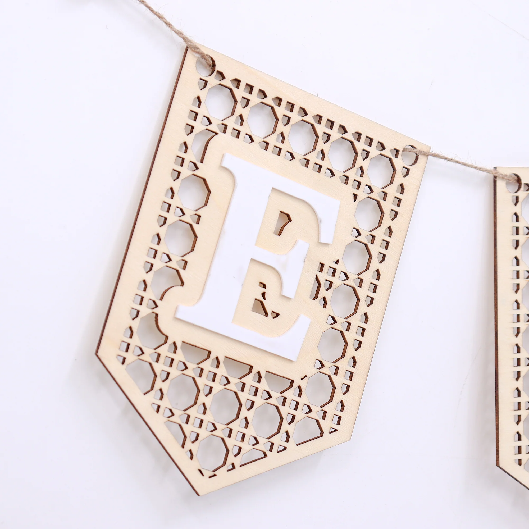 Eid Mubarak Bunting - Acrylic Wooden White Lace - White Letters - Image 3