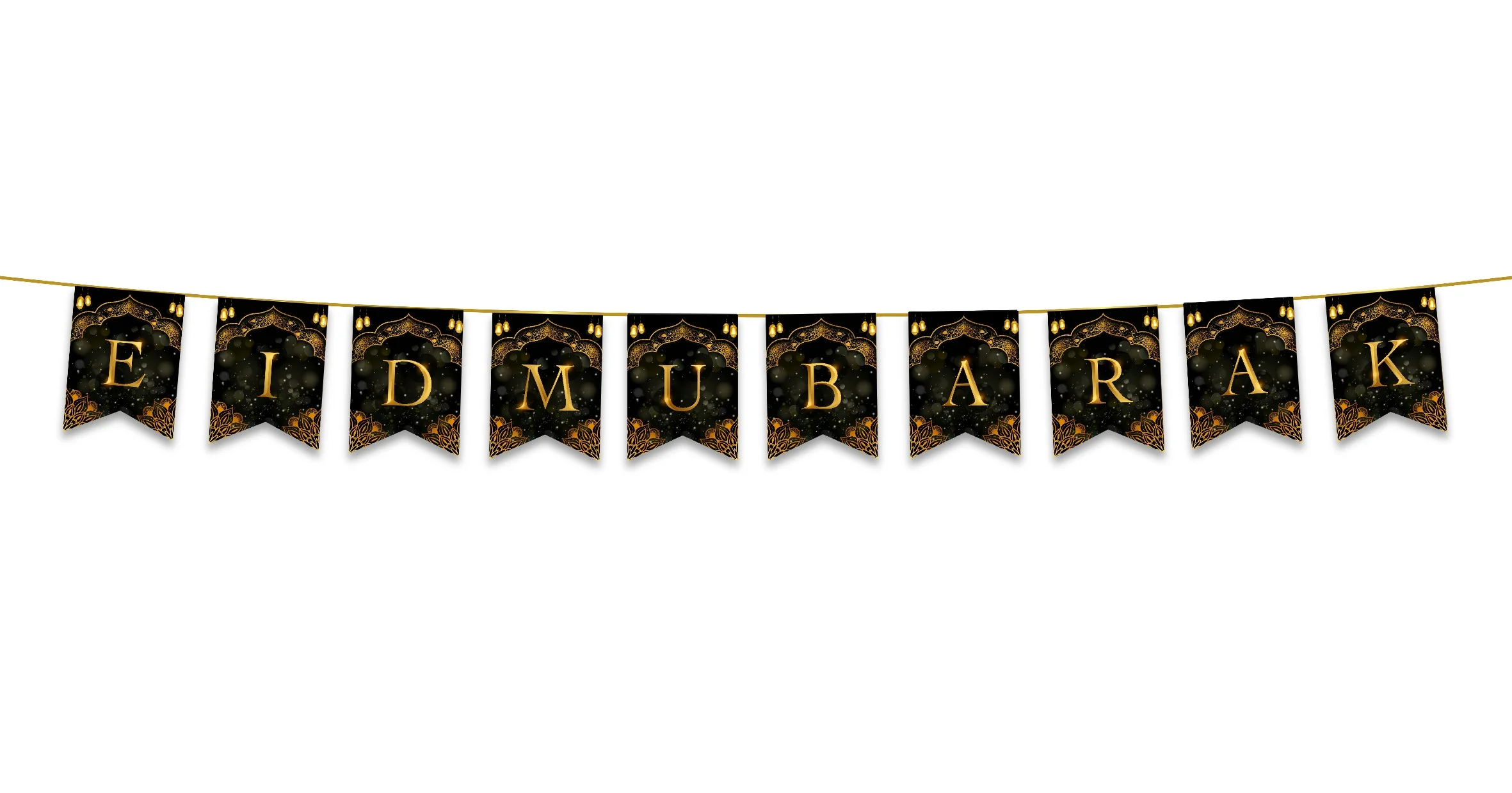 Eid Mubarak Bunting - Black & Gold Geometric Stars & Lanterns Letter Flags Decoration - Image 2