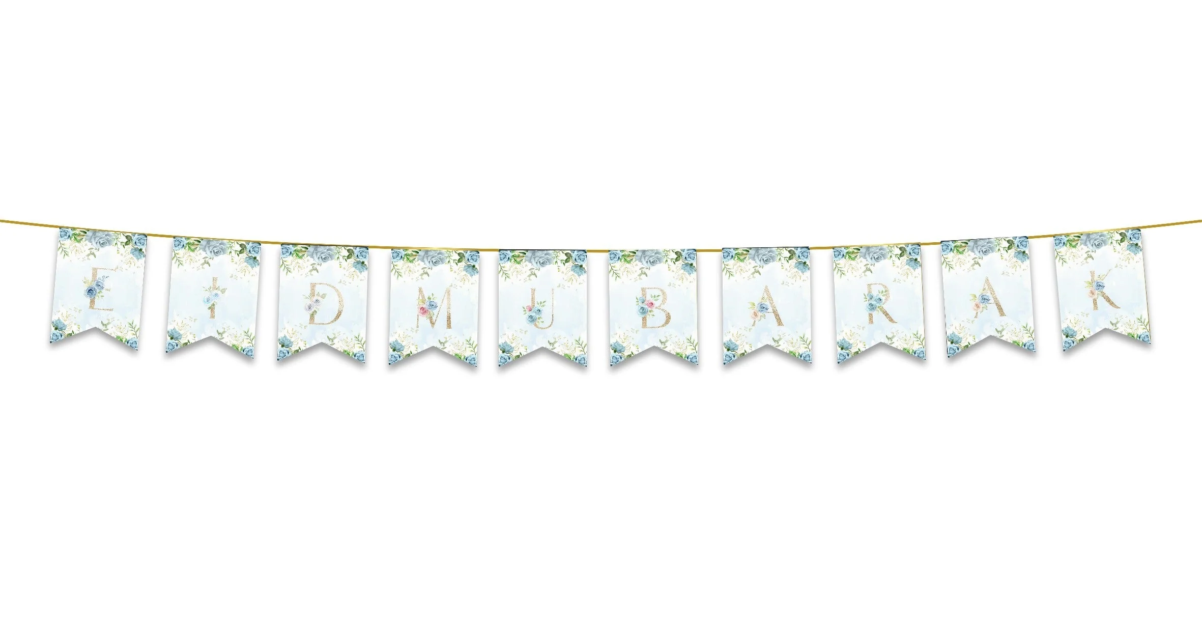 Eid Mubarak Bunting - Blue & Gold Floral Letter Flags Decoration - Image 2