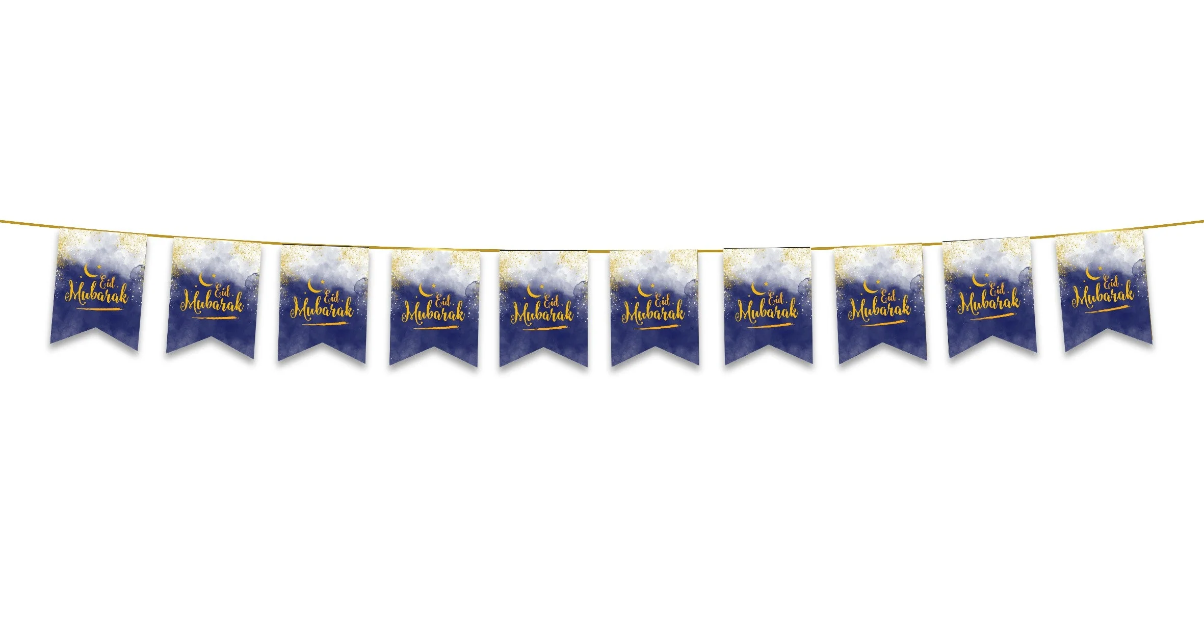 Eid Mubarak Bunting - Blue, White & Gold Watercolour Ombre Flags Decoration - Image 2