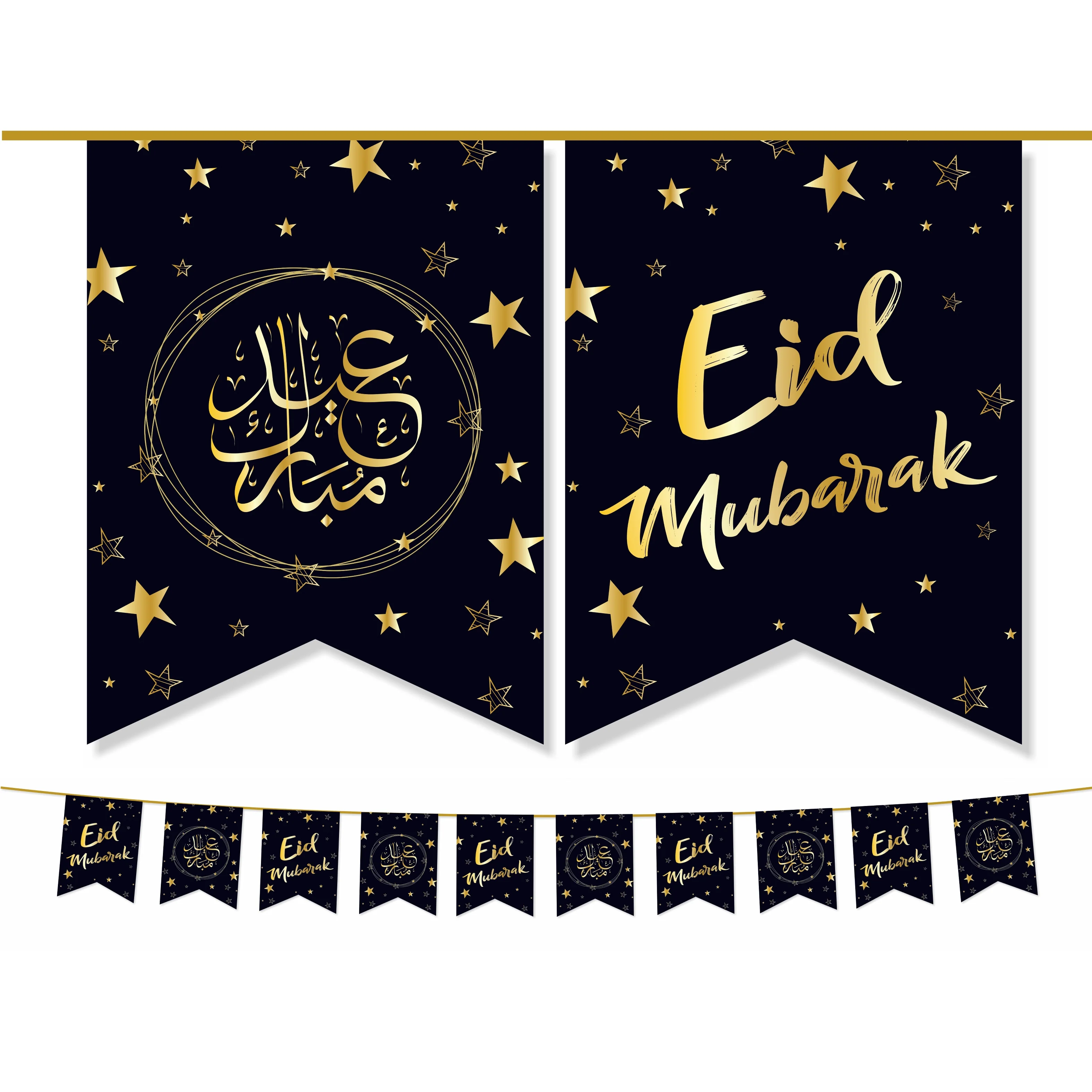 EID Mubarak Bunting Decoration - Black & Gold Stars Design (AG21)