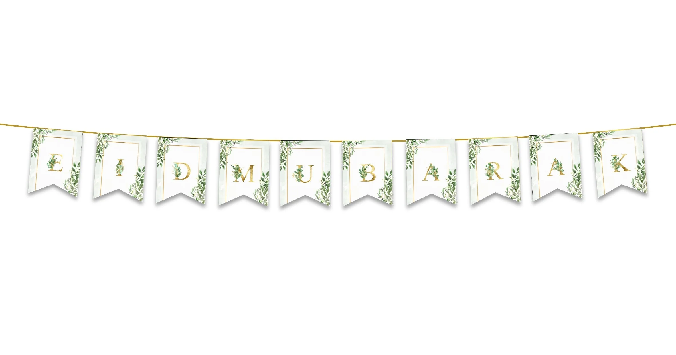 Eid Mubarak Bunting - Green & Gold Forest Leaves Letter Flags Decoration - Image 2