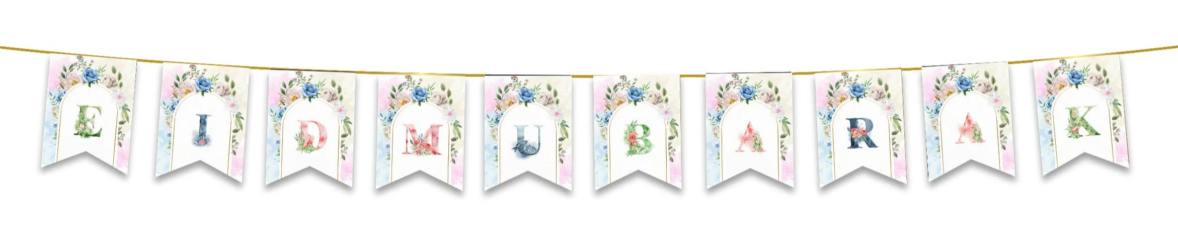 Eid Mubarak Bunting - Pastel Rainbow Floral Letter Flags Decoration - Image 2