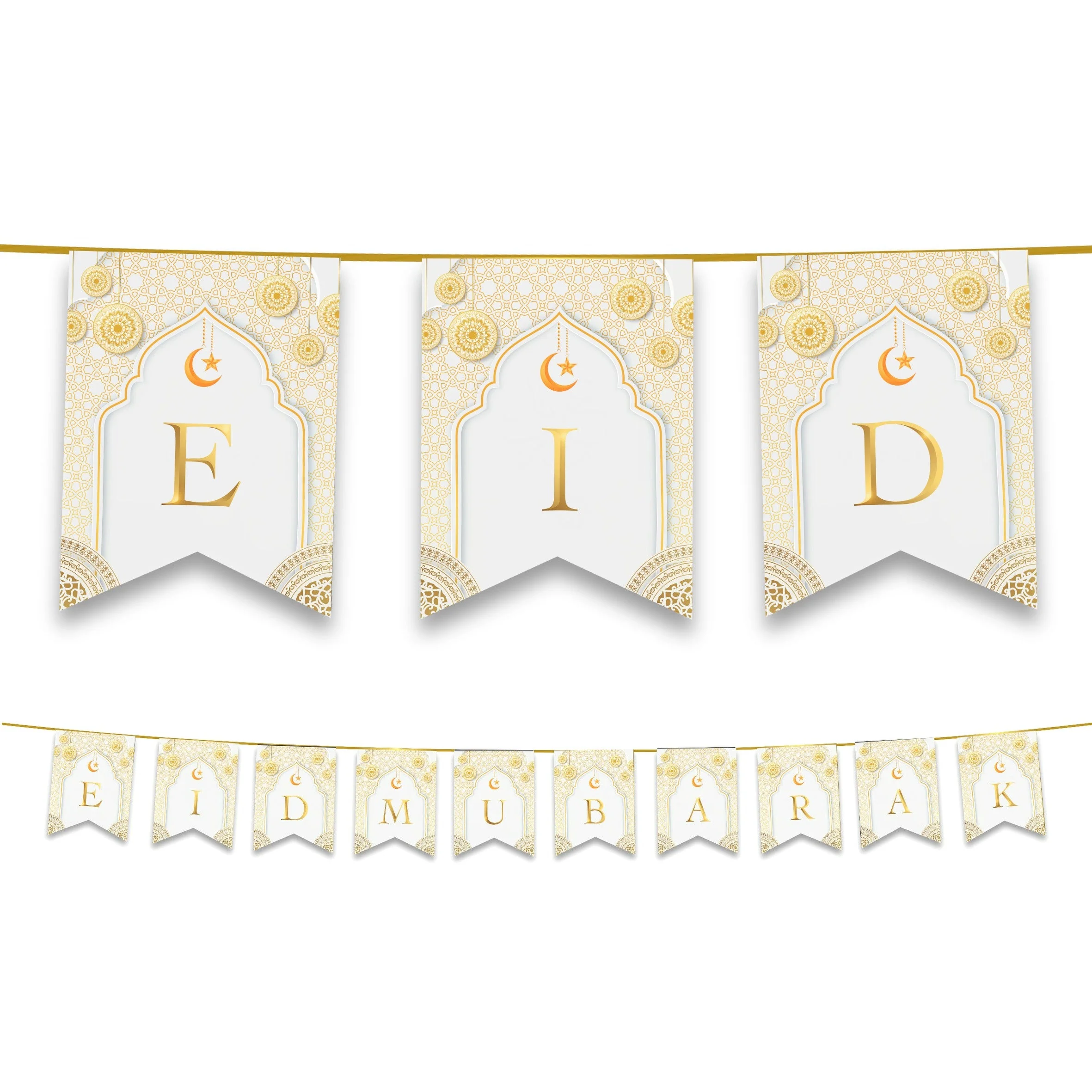 Eid Mubarak Bunting - White & Gold Geometric Arabesque Letter Flags Decoration