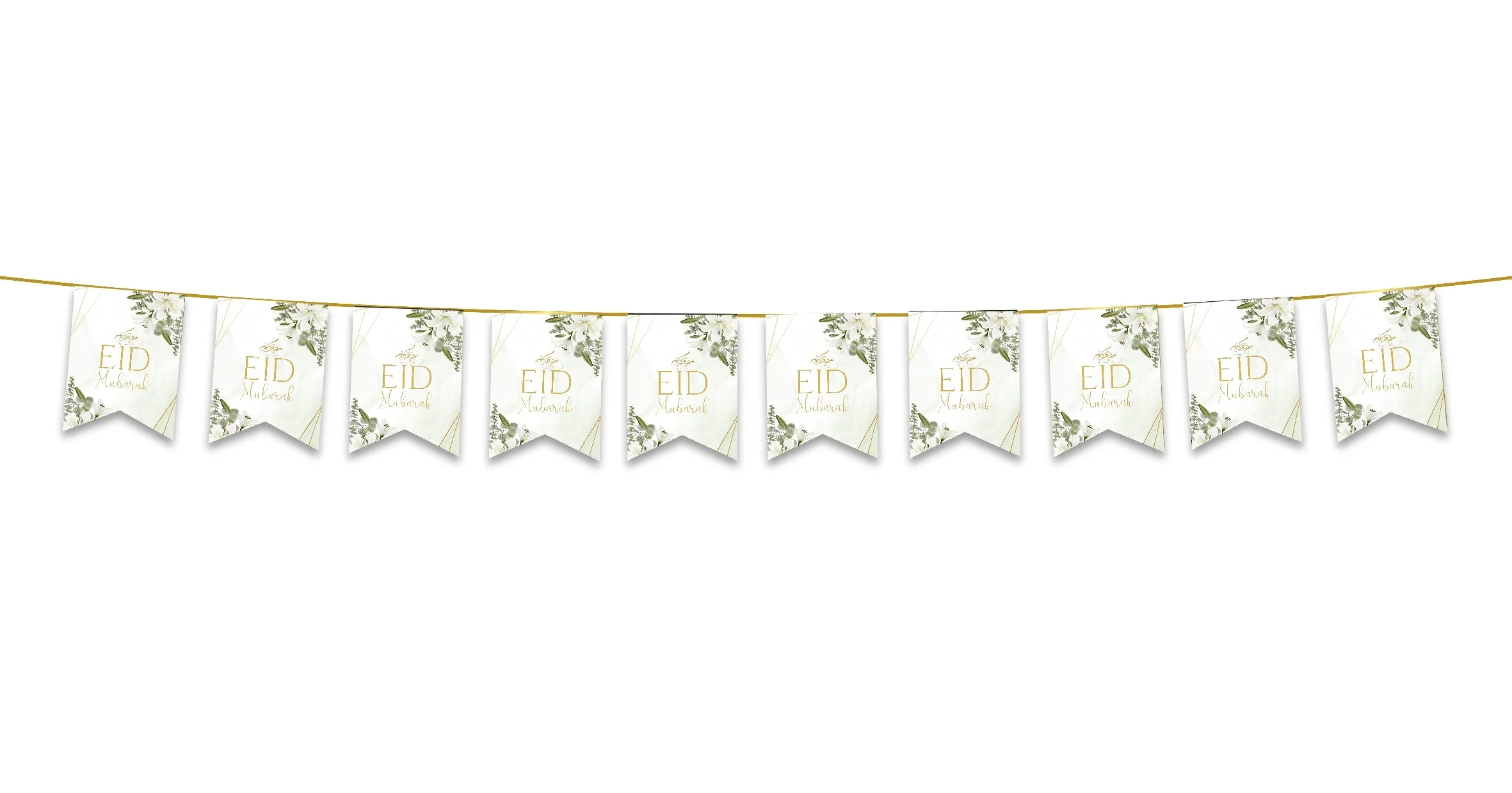 Eid Mubarak Bunting - White Gold & Green Leaves Flags Decoration - Image 2