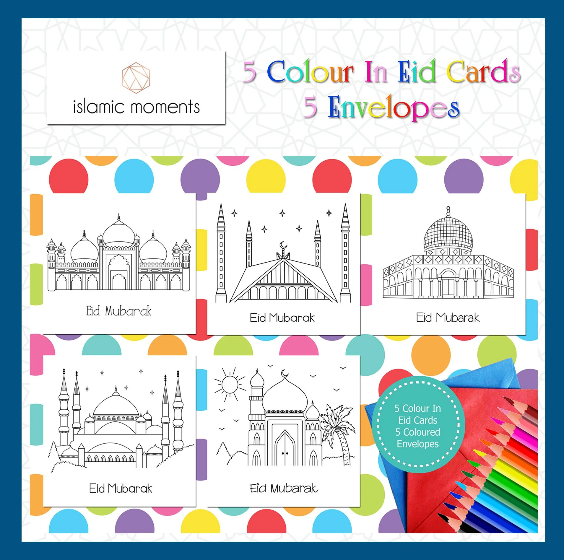 Eid Mubarak Cards - Colour In Eid Cards - Mosque Set