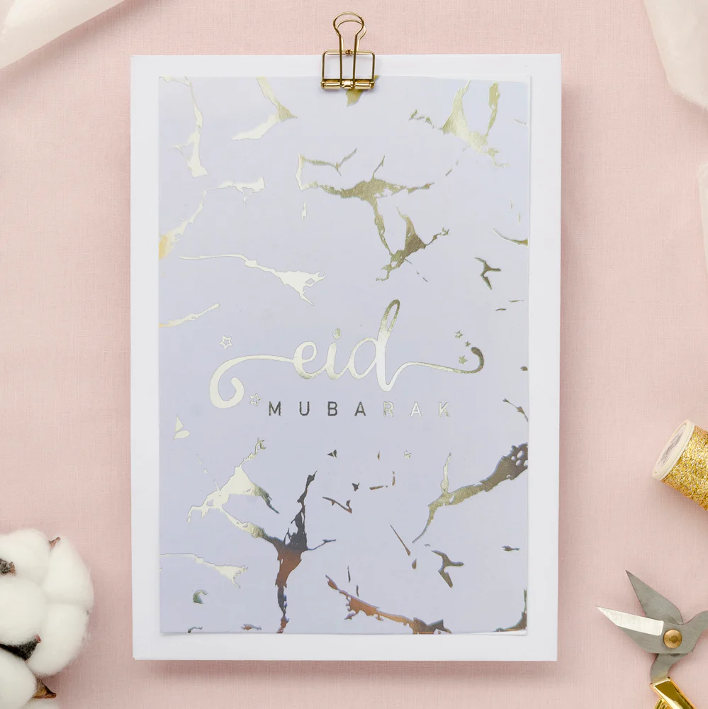 Eid Mubarak Cards - White & Gold Marble Foiled (Pack of 5) - Image 3