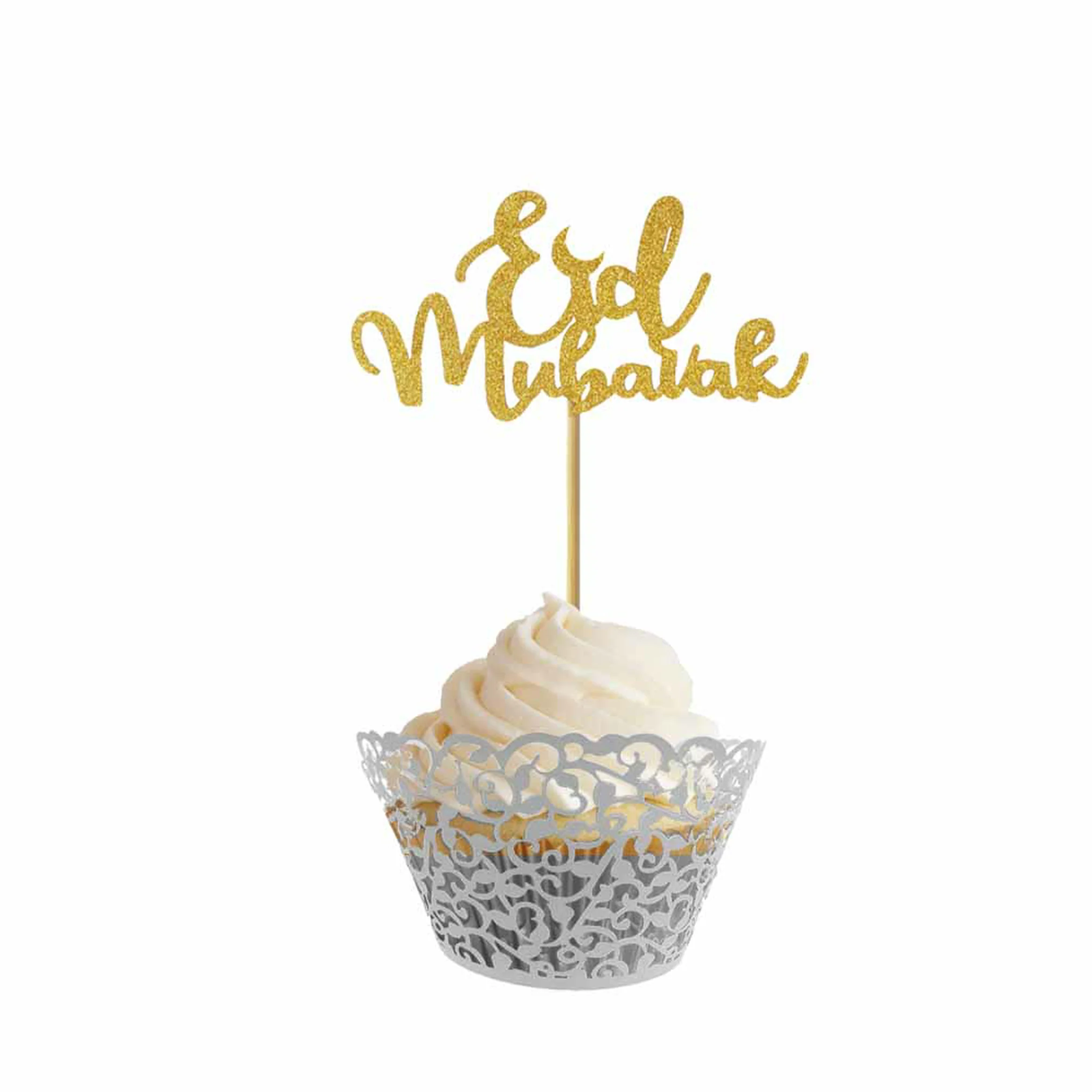 Eid Mubarak Glitter Cupcake Toppers (Pack of 10) - Gold - Image 2