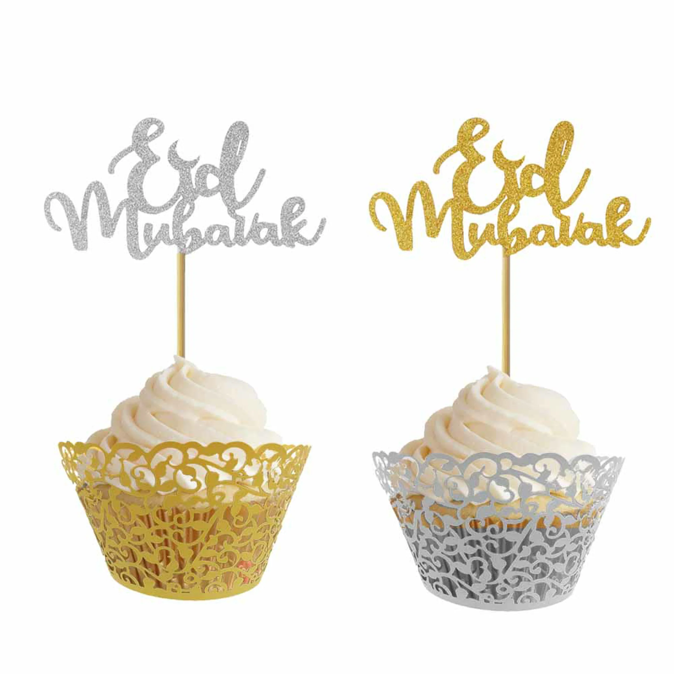 Eid Mubarak Glitter Cupcake Toppers (Pack of 10) - Gold - Image 3