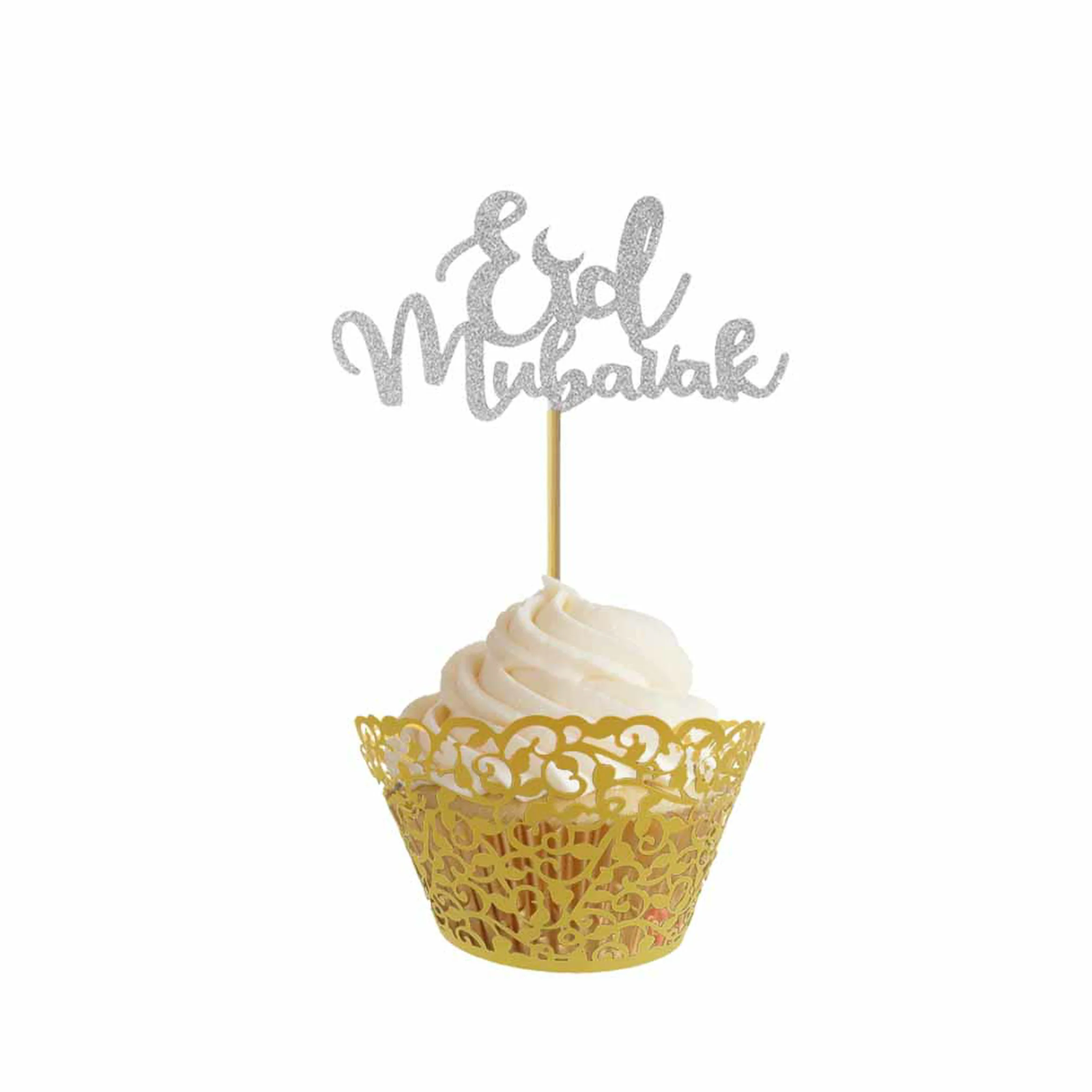 Eid Mubarak Glitter Cupcake Toppers (Pack of 10) - Silver - Image 2