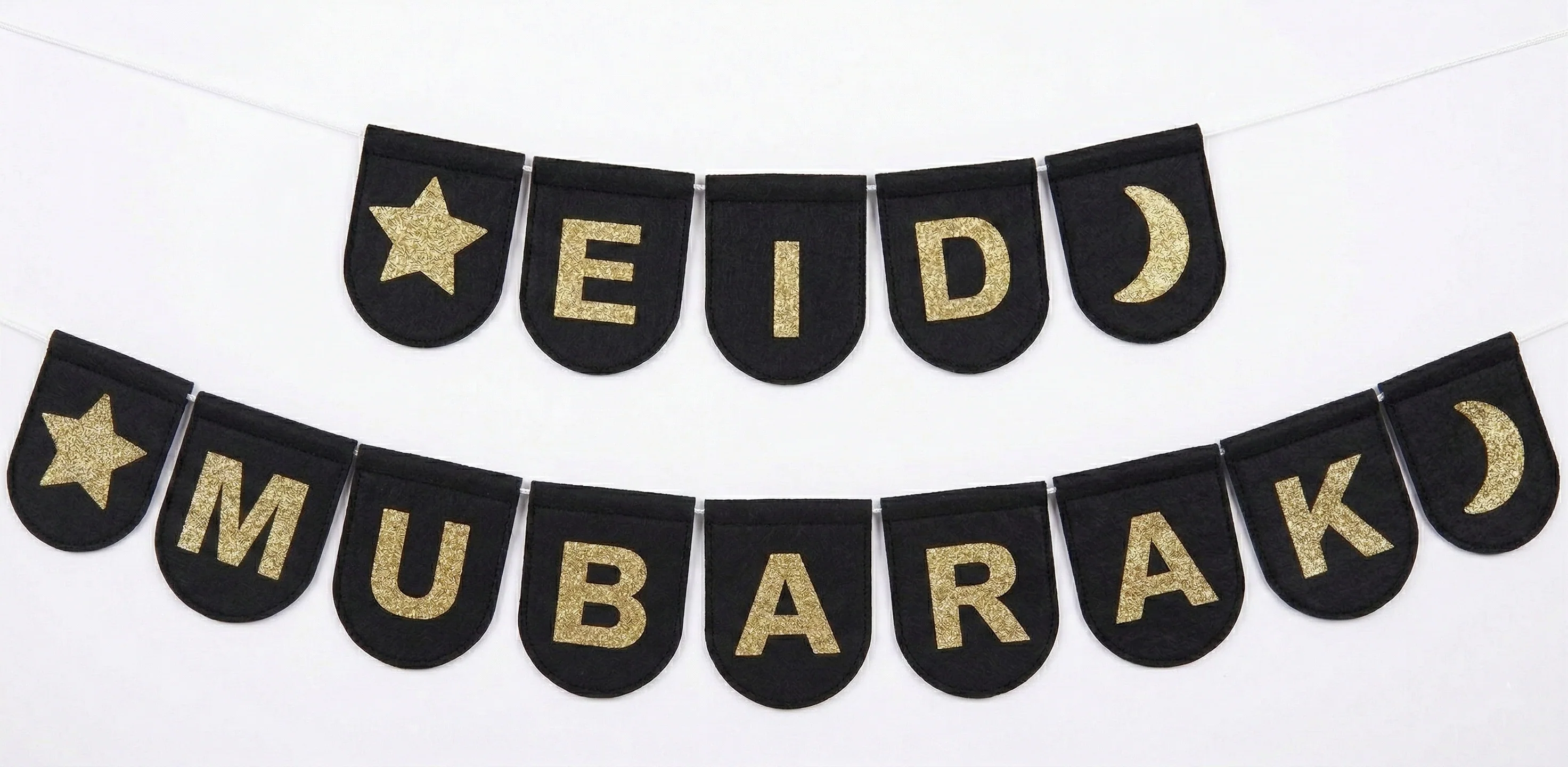 Eid Mubarak Felt Cloth Bunting - Glittery Black & Gold