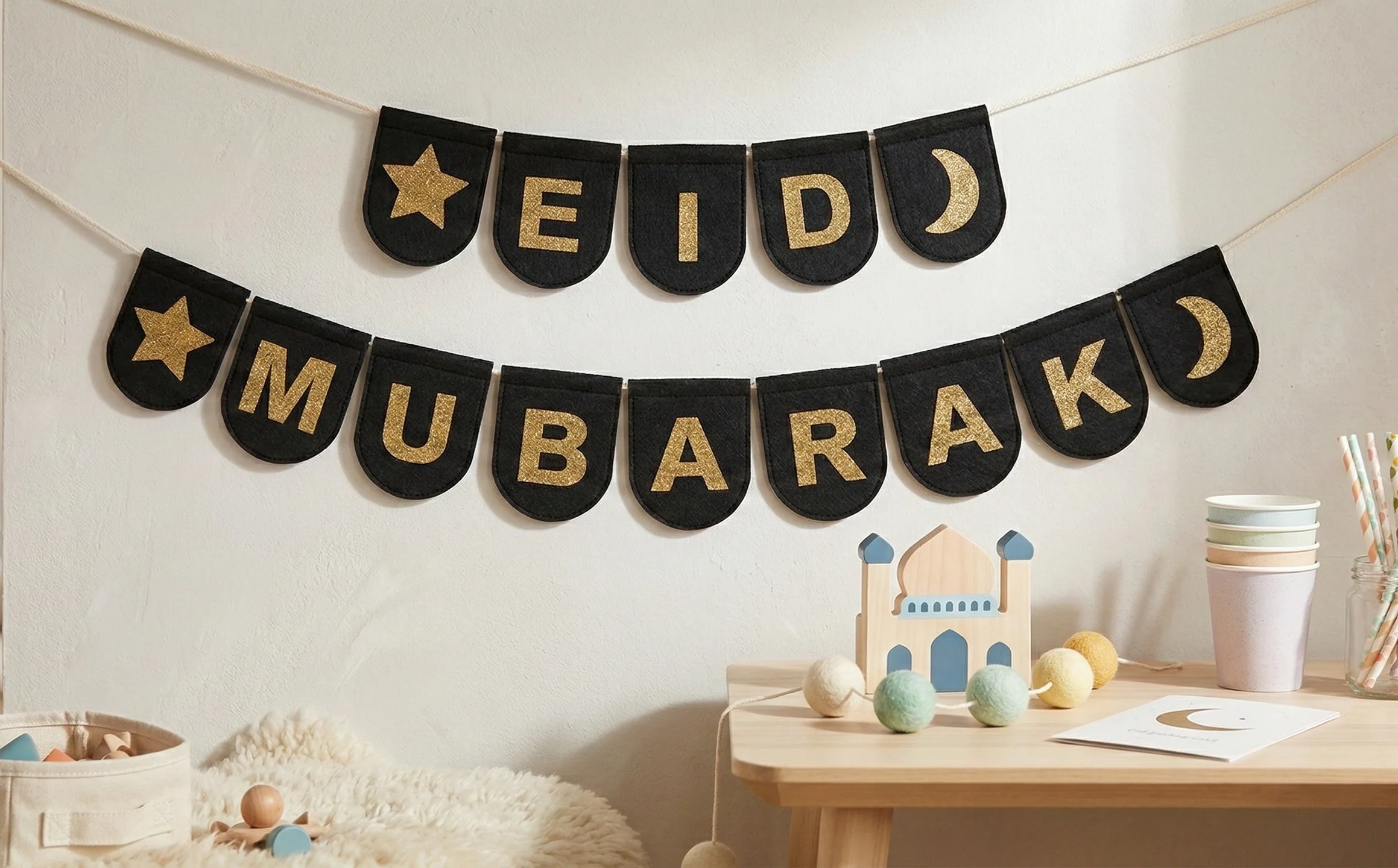Eid Mubarak Felt Cloth Bunting - Glittery Black & Gold - Image 3