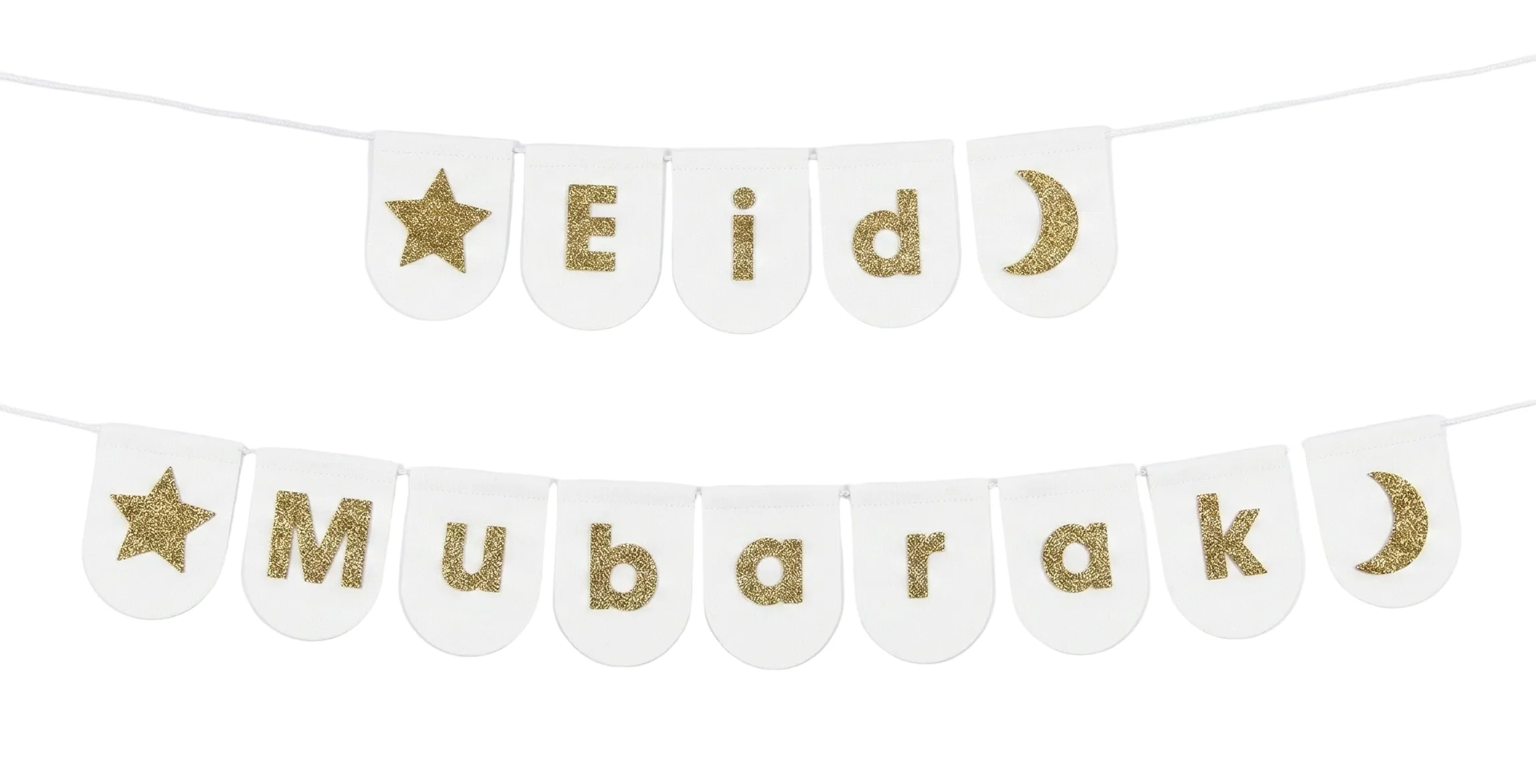 Eid Mubarak Felt Cloth Bunting - Glittery White, Cream & Gold