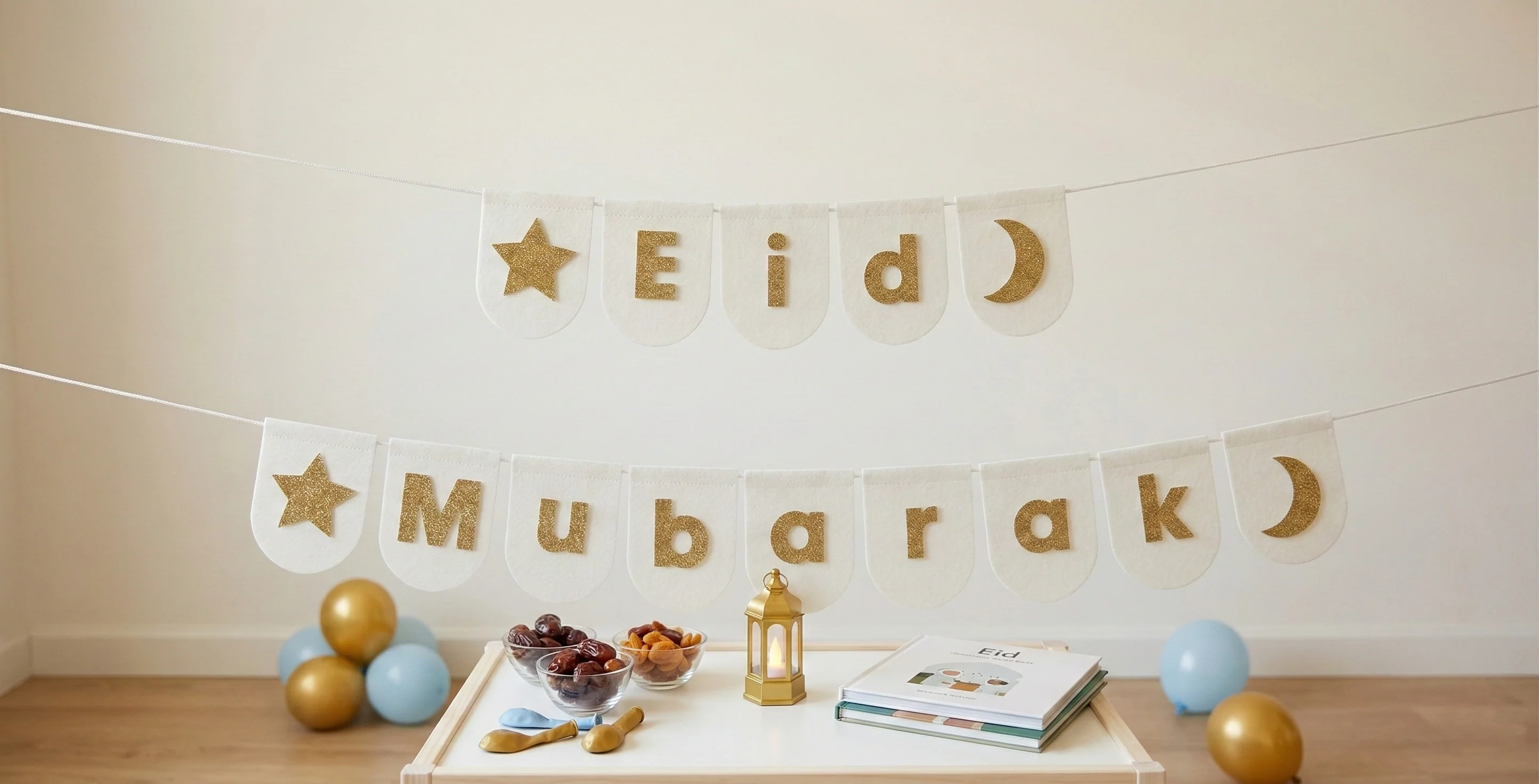 Eid Mubarak Felt Cloth Bunting - Glittery White, Cream & Gold - Image 3