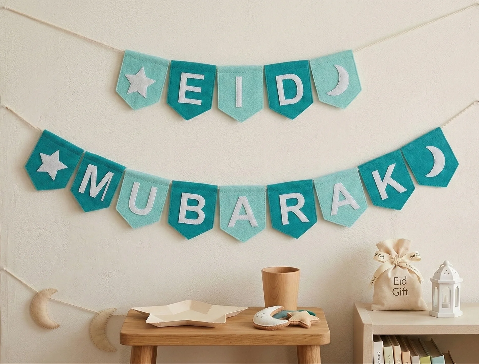 Eid Mubarak Felt Cloth Bunting - Teal & Green - Image 3