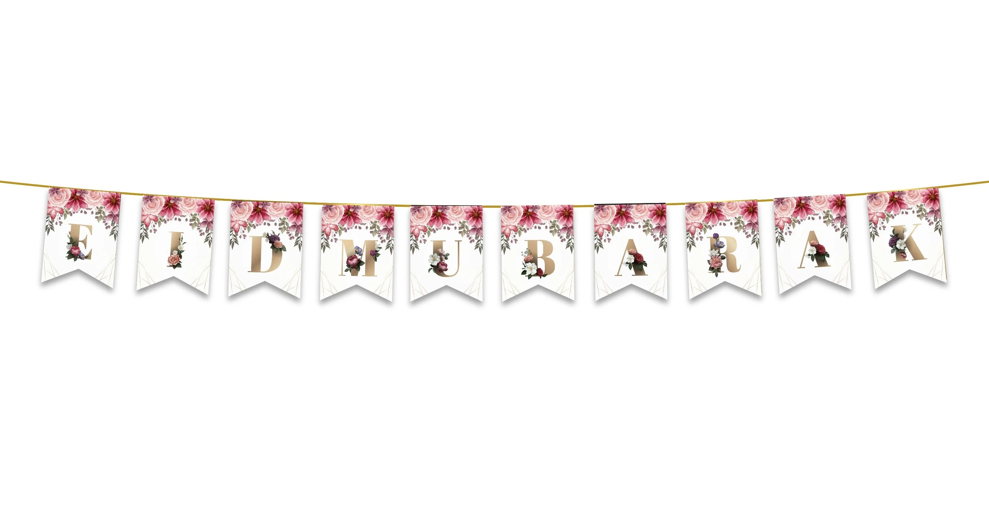 Eid Mubarak Bunting - Pink Floral Letter Flags Decoration - Image 2