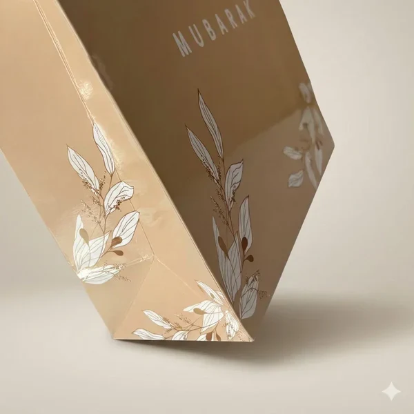 Eid Mubarak Gift Bag – Neutral Cream Taupe Gold Foil Islamic Packaging (1pc) - 31x25x10cm - Image 3