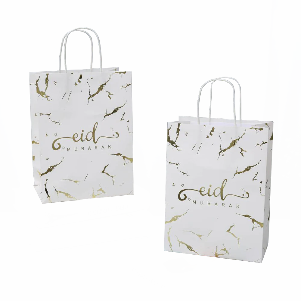 Eid Mubarak Kraft Paper Bag - White & Gold Marble - 5 pack - Image 2