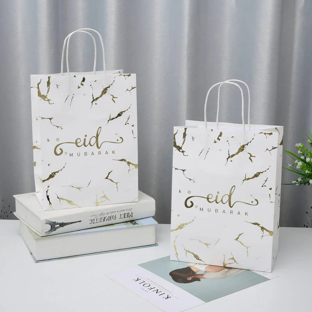 Eid Mubarak Kraft Paper Bag - White & Gold Marble - 5 pack - Image 3