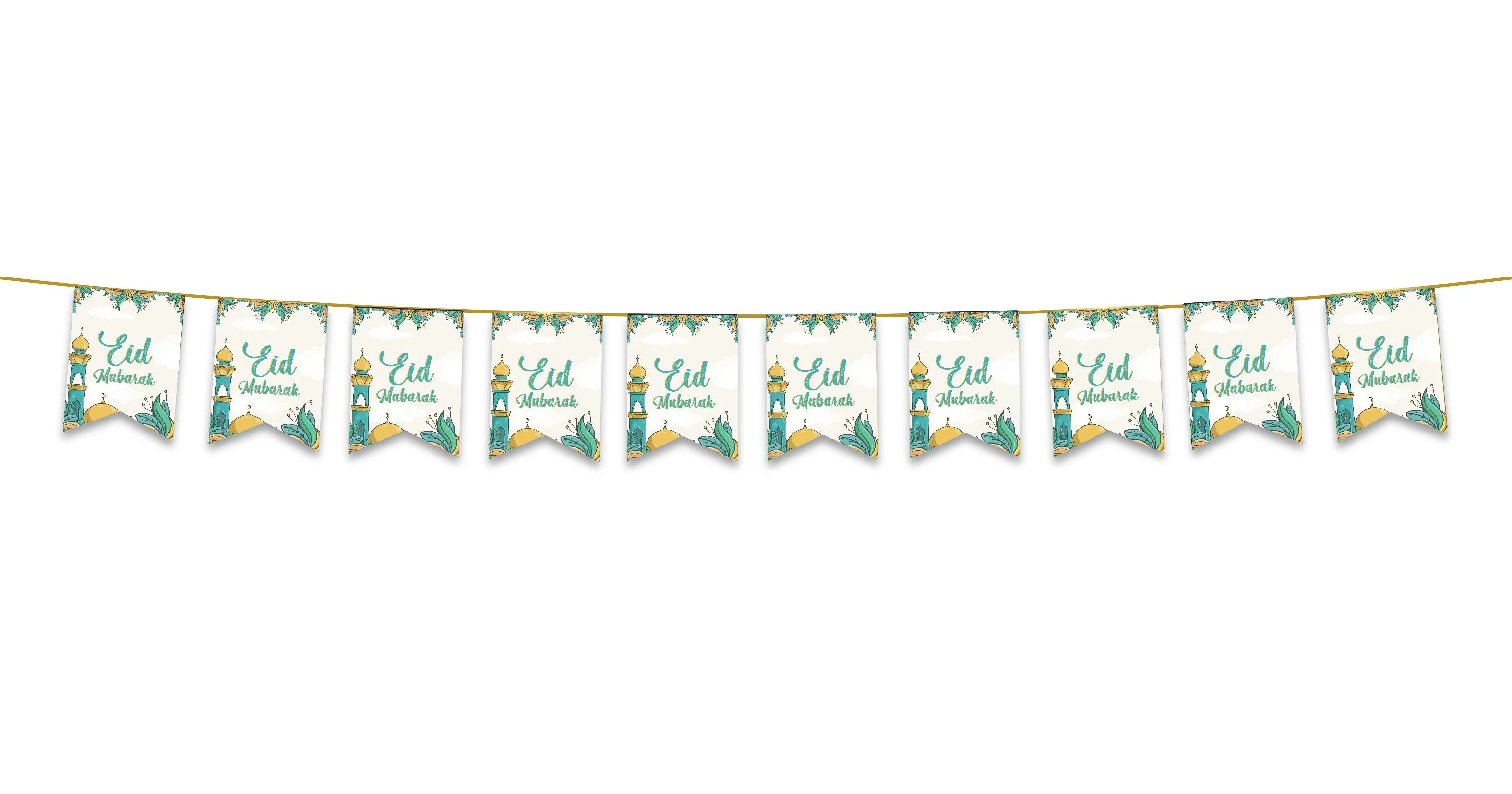 Eid Mubarak Bunting - Green & Gold Mosque Garden Flags Decoration - Image 2
