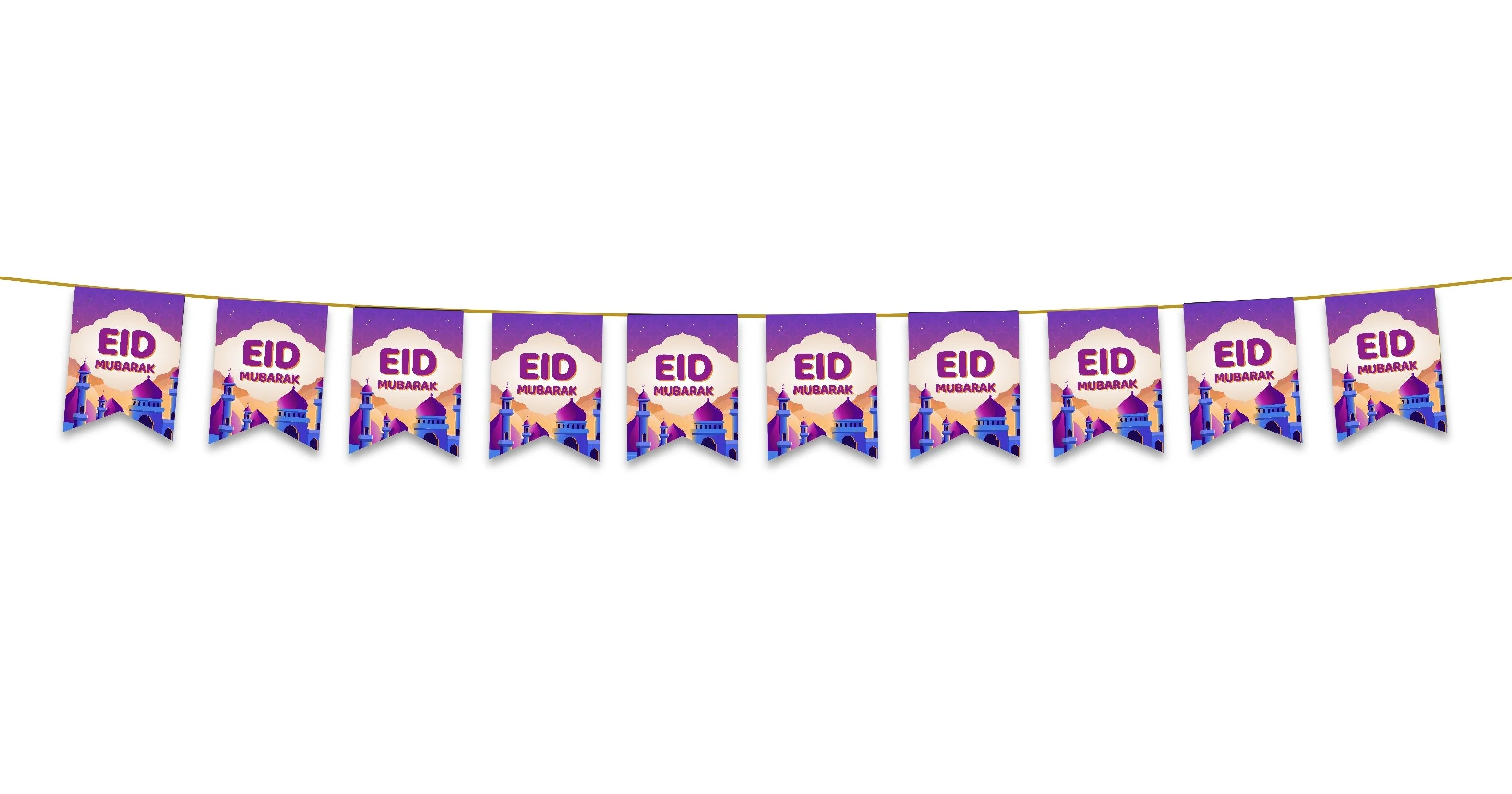 Eid Mubarak Bunting - Purple & Gold Sunset Mosque Flags Decoration - Image 2
