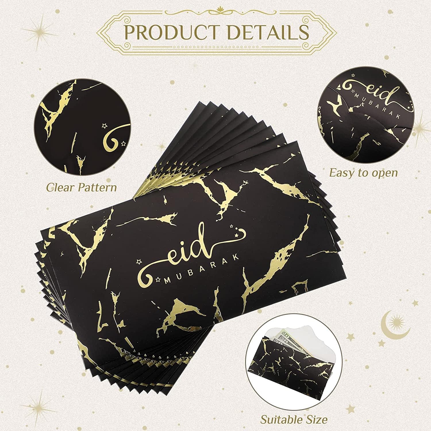 Eid Mubarak Money Envelopes - Black & Gold Marble - Image 2