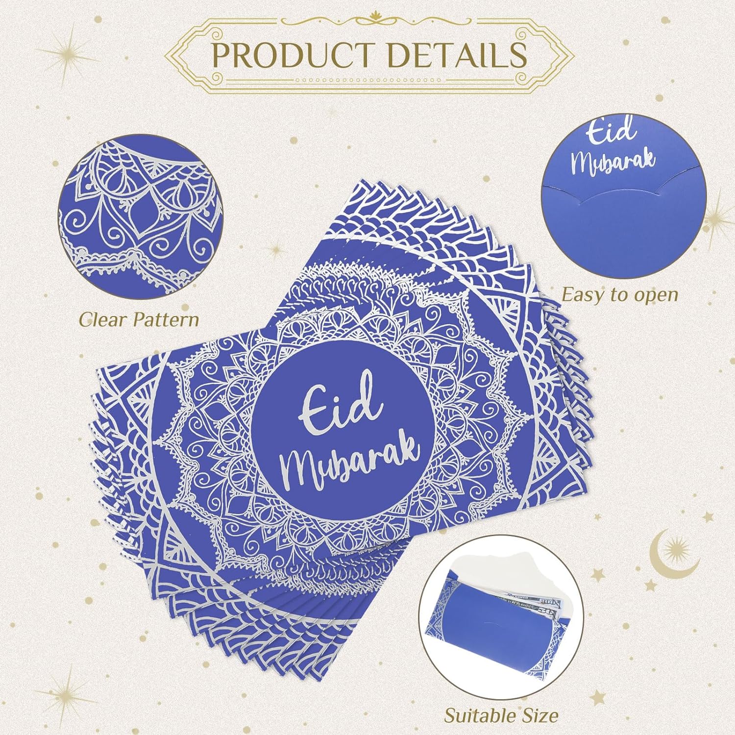 Eid Mubarak Money Envelopes - Purple, Blue & Silver (10 pk) - Image 3