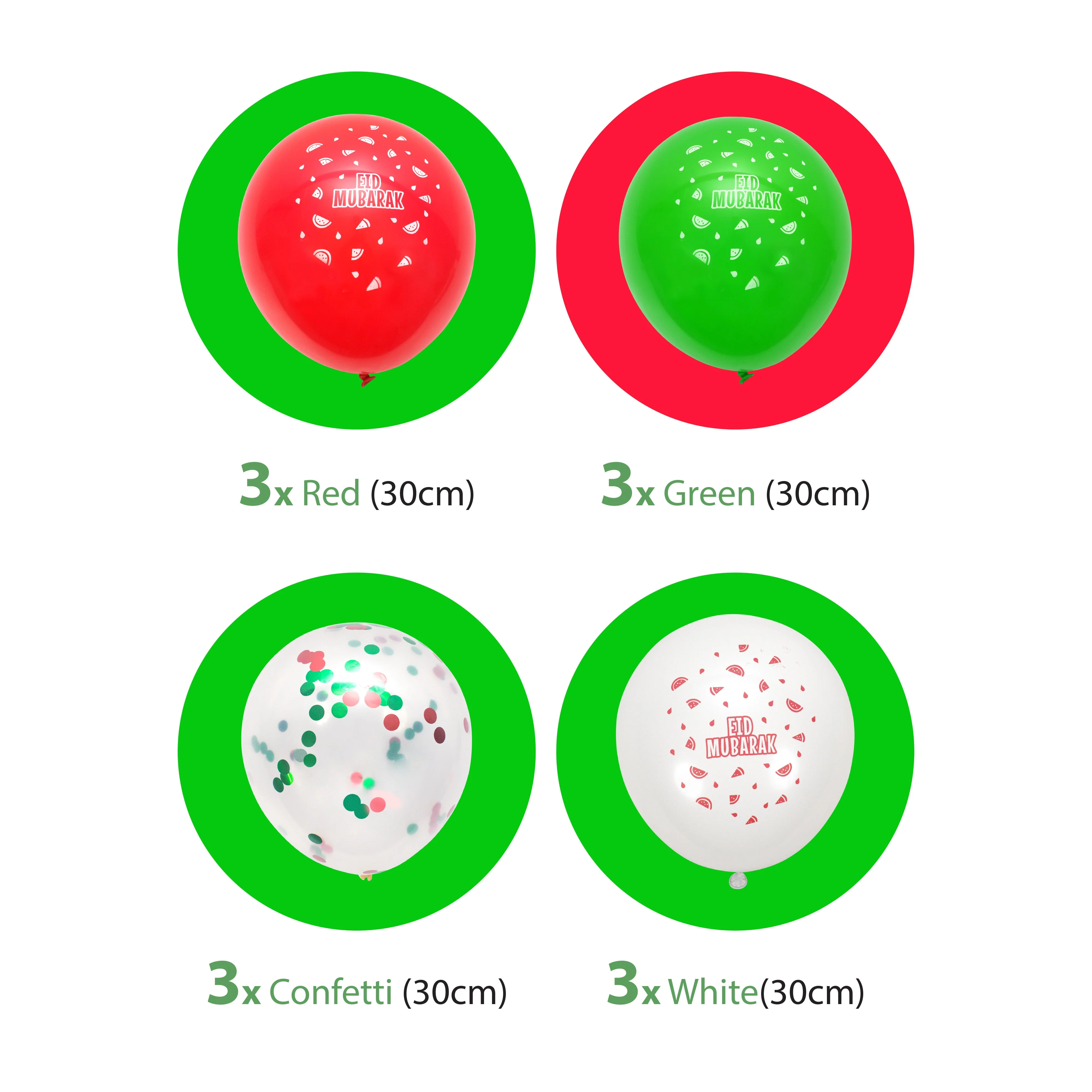 Eid Mubarak Latex Balloons (12 pack) - Red, White & Green Watermelon Palestine Theme - Image 2