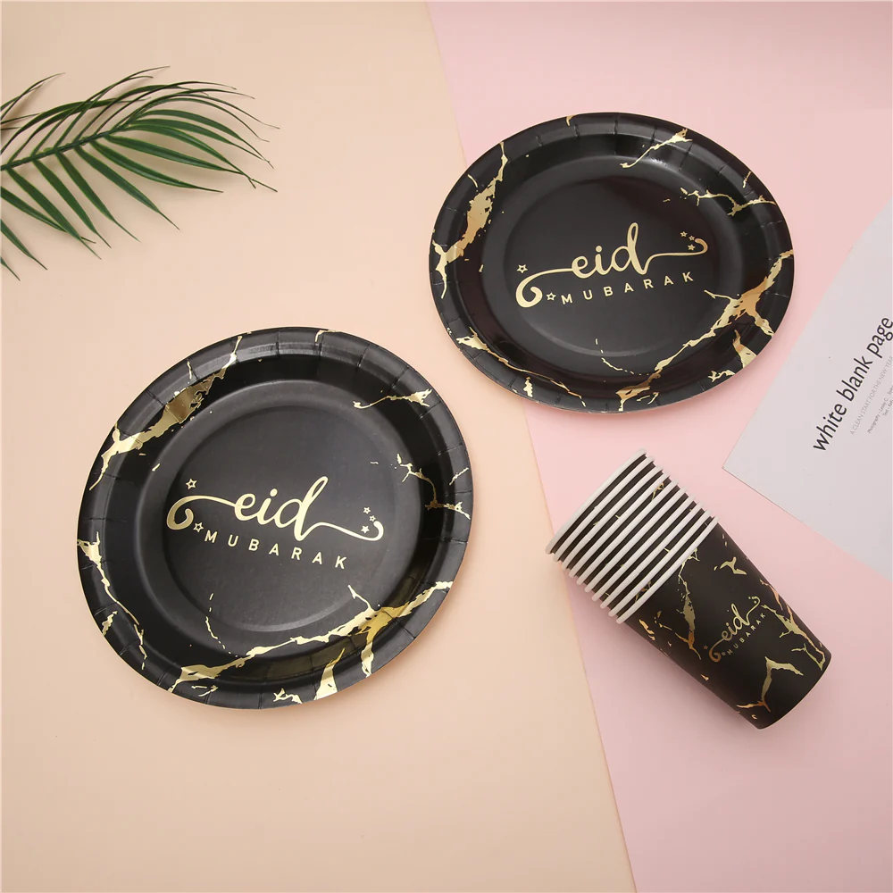 Eid Mubarak Plate and Cup Set - Black & Gold Marble - Image 2