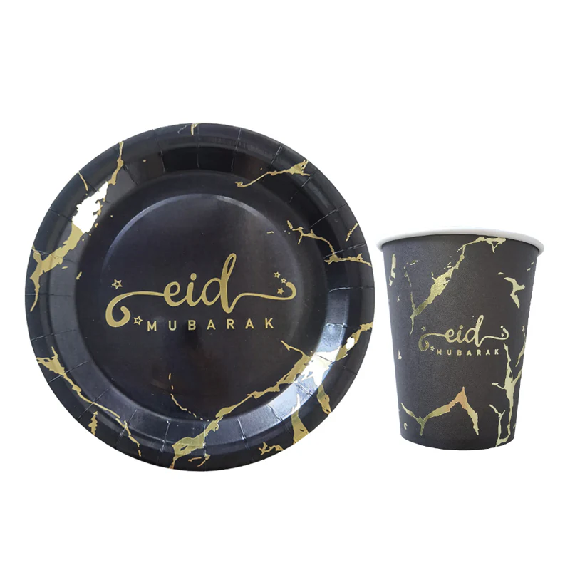 Eid Mubarak Plate and Cup Set - Black & Gold Marble - Image 3