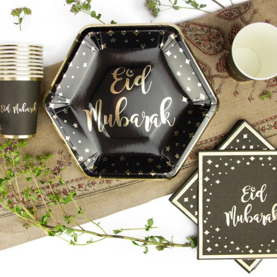 Eid Mubarak Plate, Cup and Napkin Set - Black & Gold Stars - Image 2
