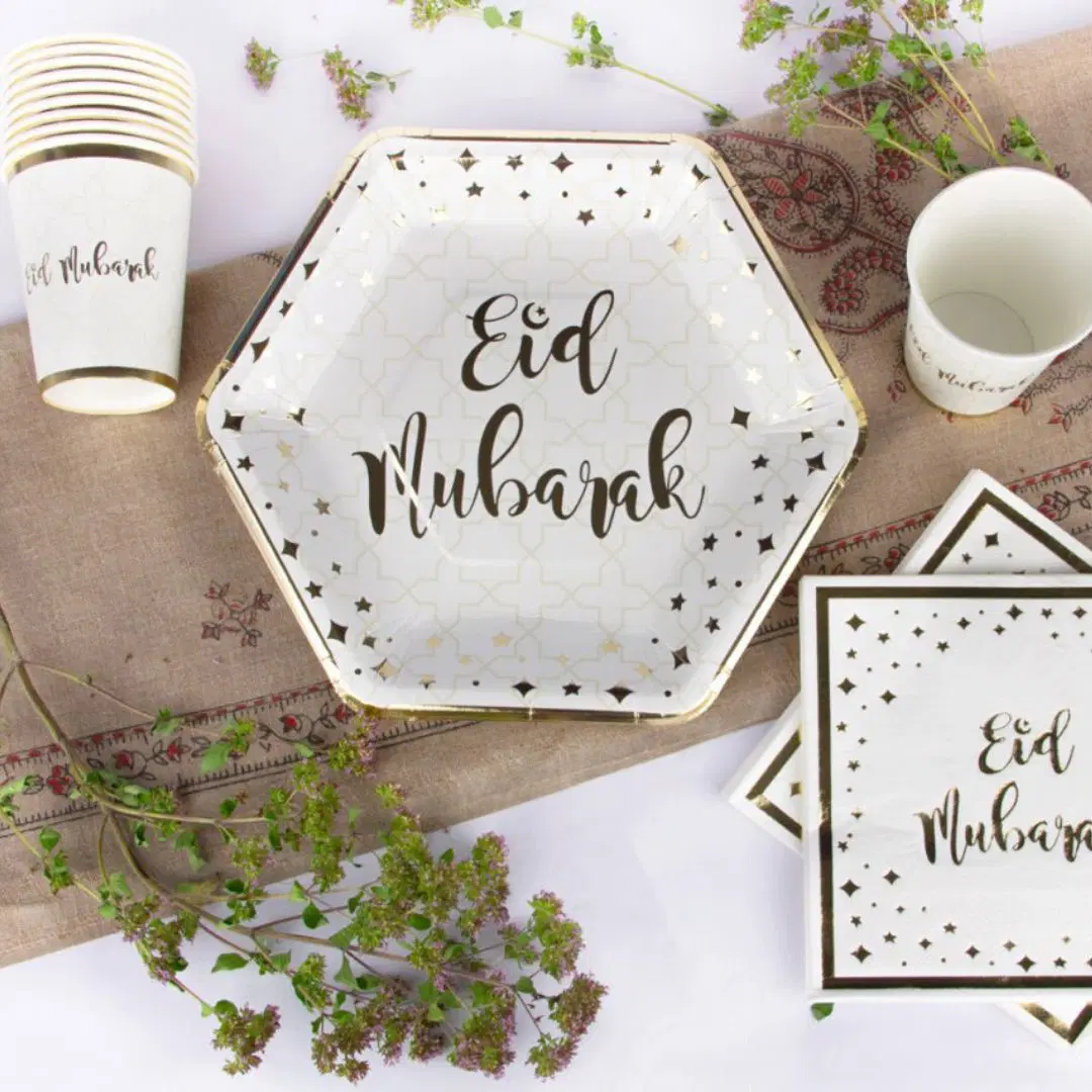 Eid Mubarak Plate, Cup and Napkin Set - Cream & Gold Geo Stars - Image 2