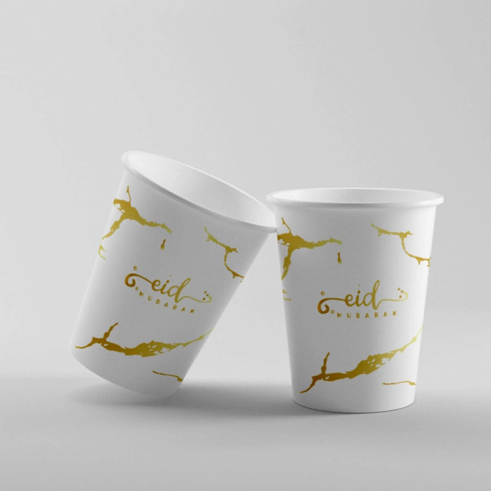 Eid Mubarak Plate, Cup and Napkin Set - White & Gold Marble - Image 3