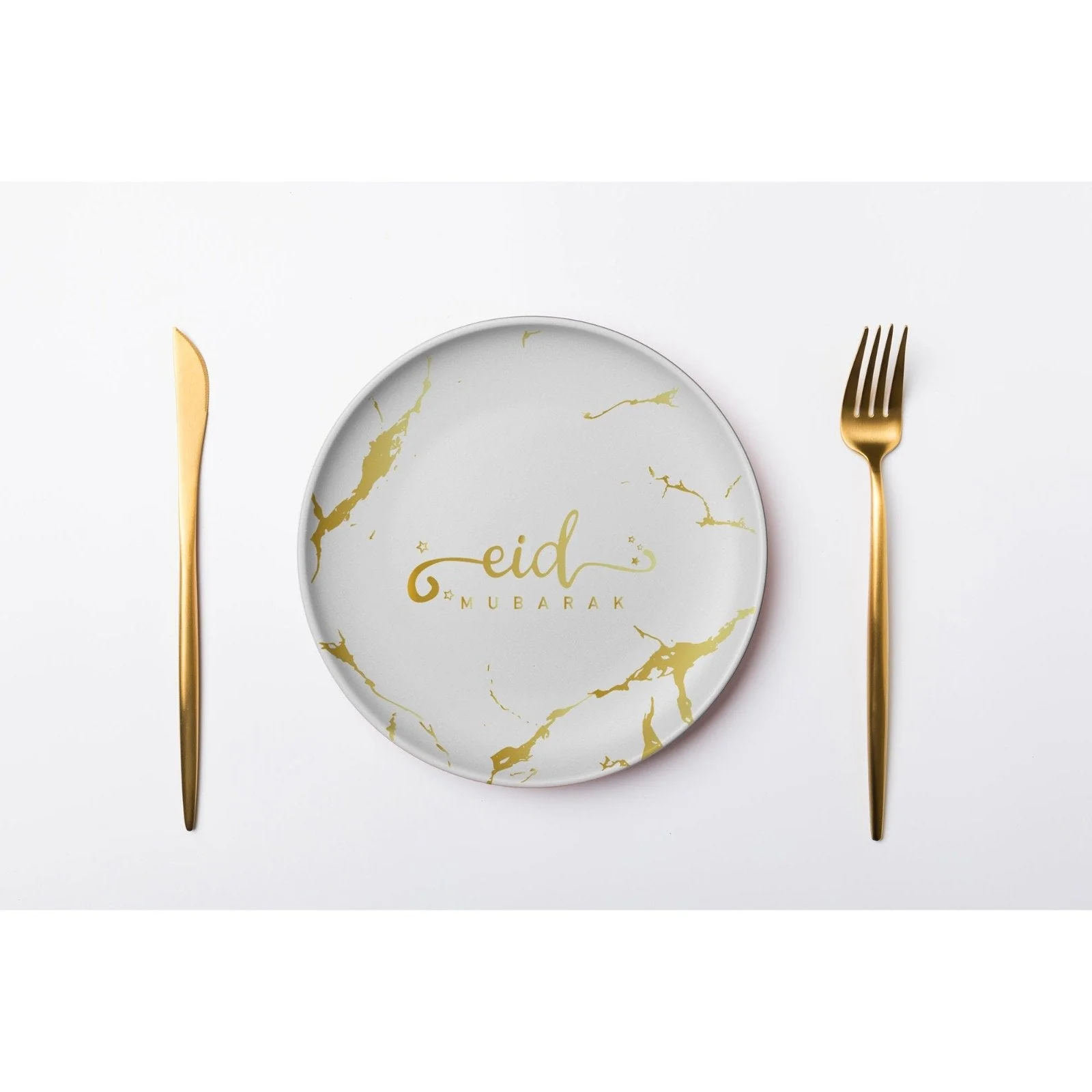 Eid Mubarak Plate, Cup and Napkin Set - White & Gold Marble - Image 5