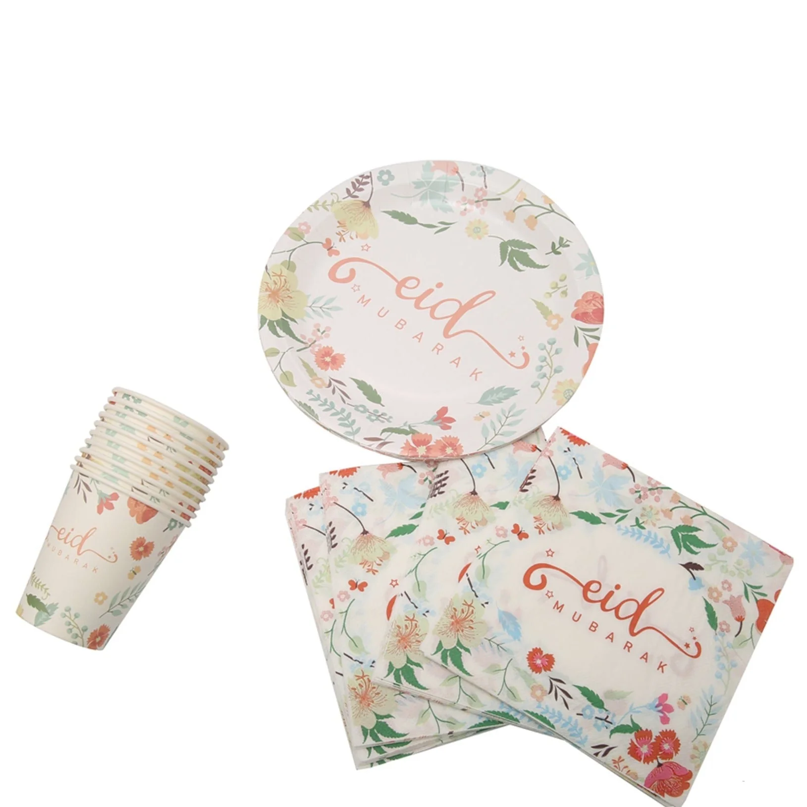 Eid Mubarak Plate, Cup and Napkin Set - Vintage Floral