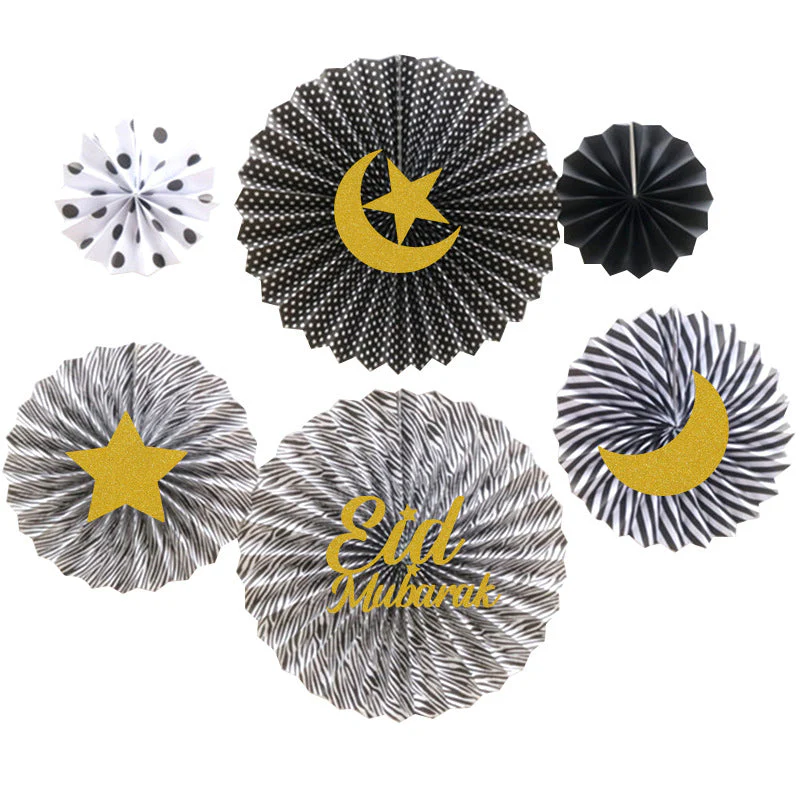 Eid Mubarak Hanging Concertina Paper Fan Kit - Grey & Gold - Set of 6