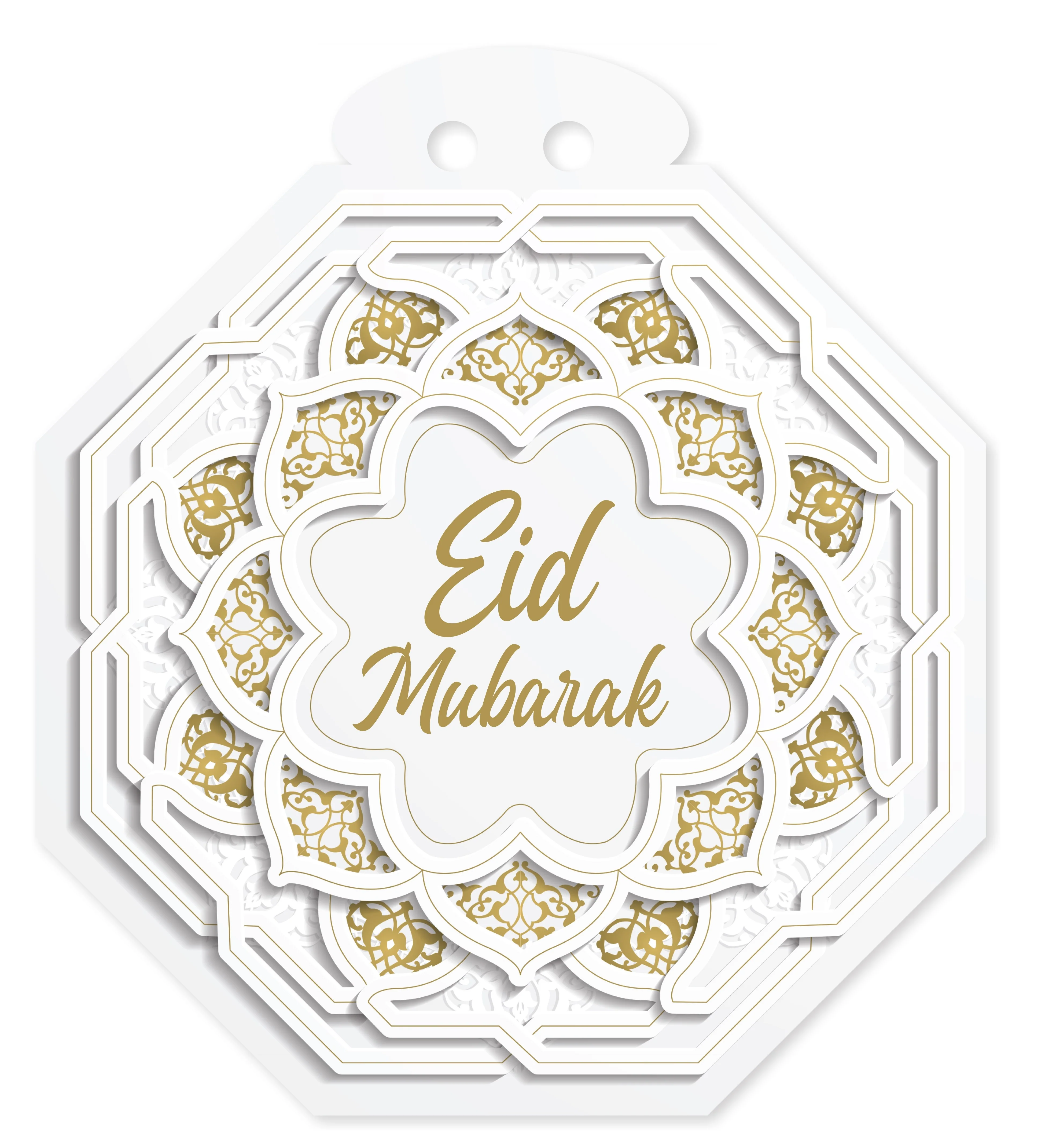 EID Mubarak White & Gold Medium (10 pcs) Hanging Octogans (AG21)